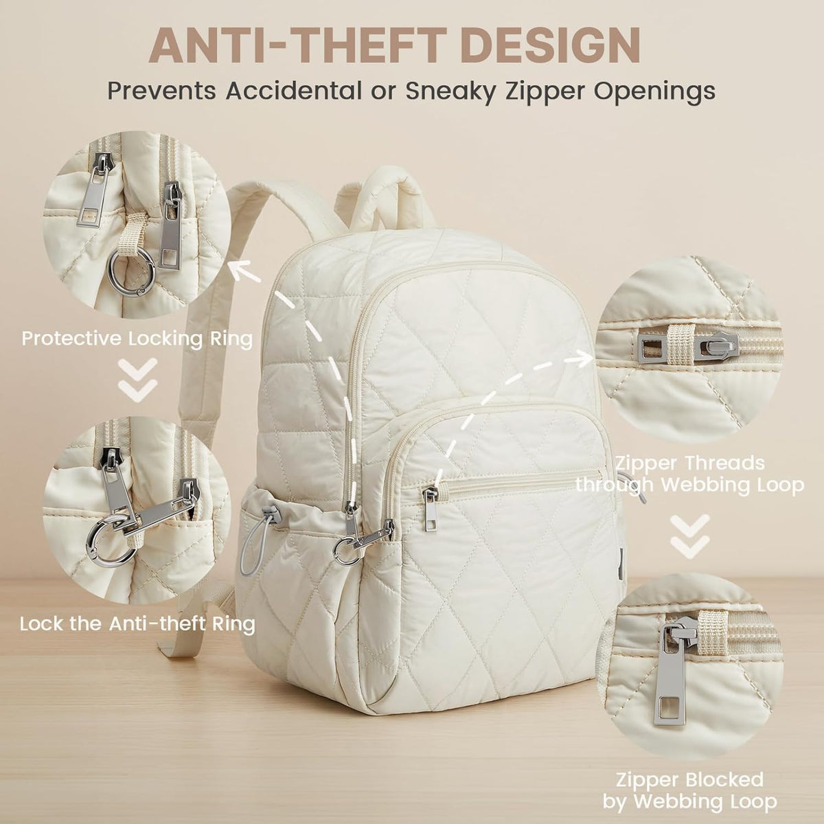 G4Free Small Backpack for Women Puffer Quilted Casual Daypack with Anti-theft Buckle Travel Work(Beige)