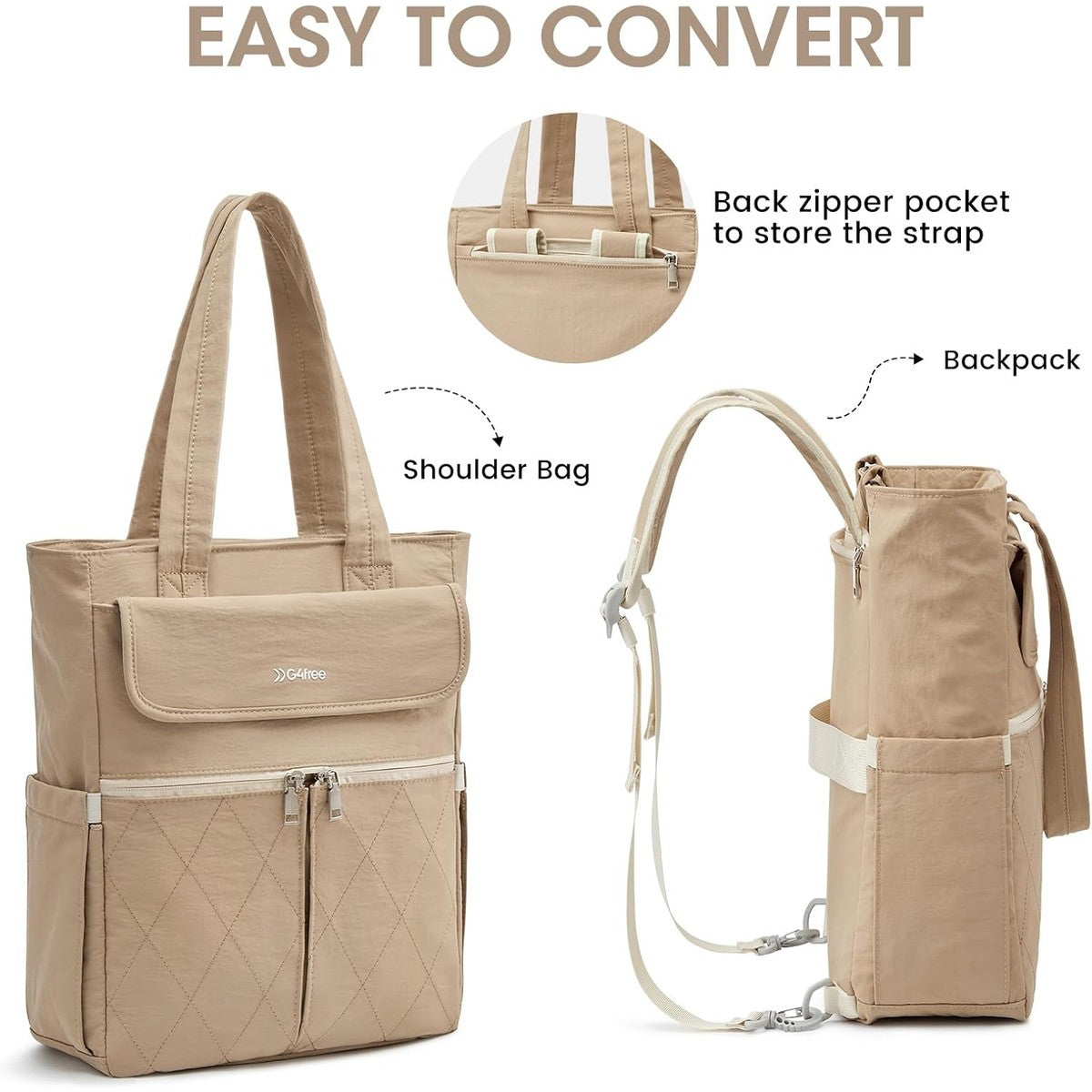 G4Free - G4Free 2 in 1 Tote Backpack Fits 15" Laptop, Women Bag Daypack -TN24B475A-TN24B475C-TN24B475B