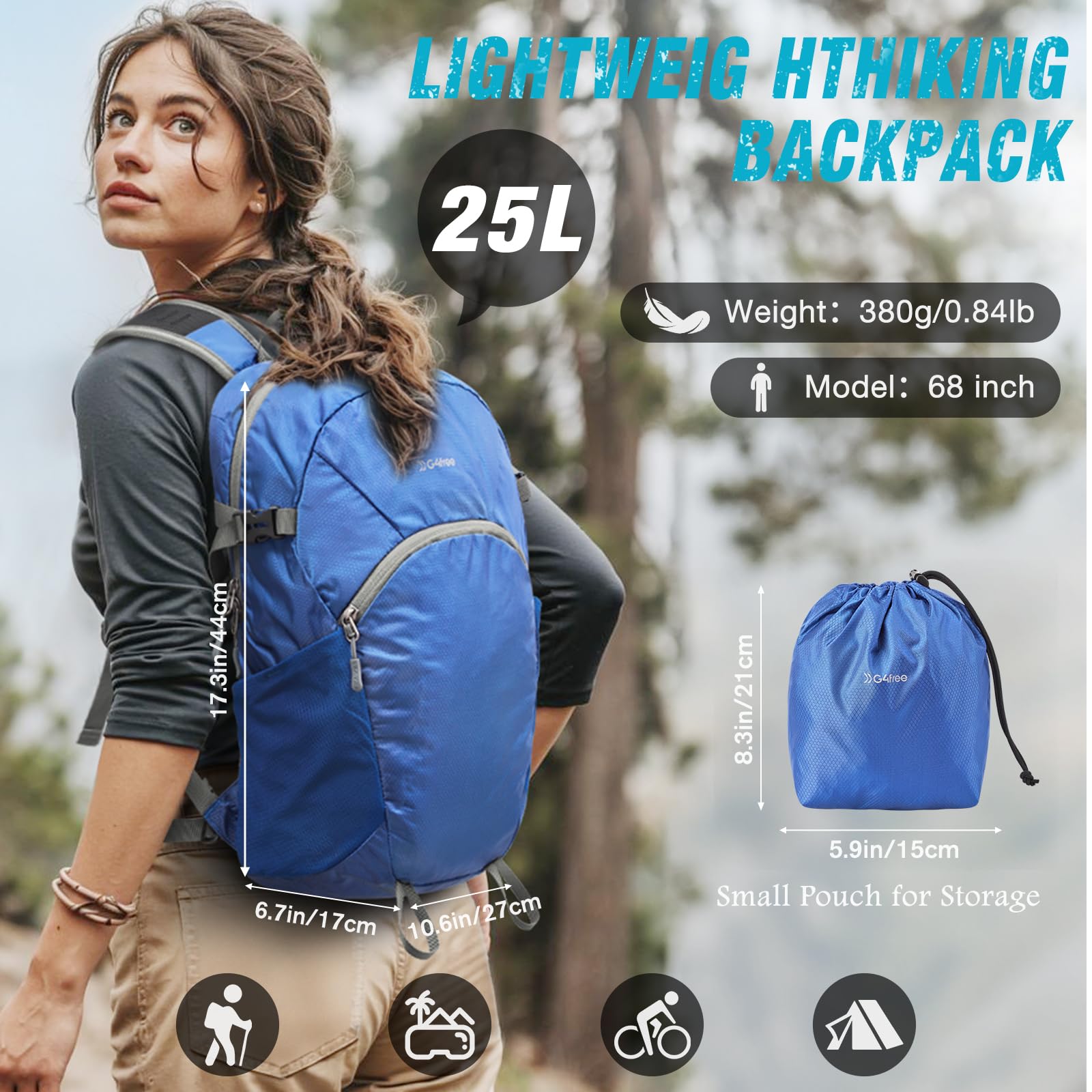 G4Free - G4Free 25L Packable Hiking Backpack with Thickened Back Panel -TN25B507A-TN25B507B-TN25B507C