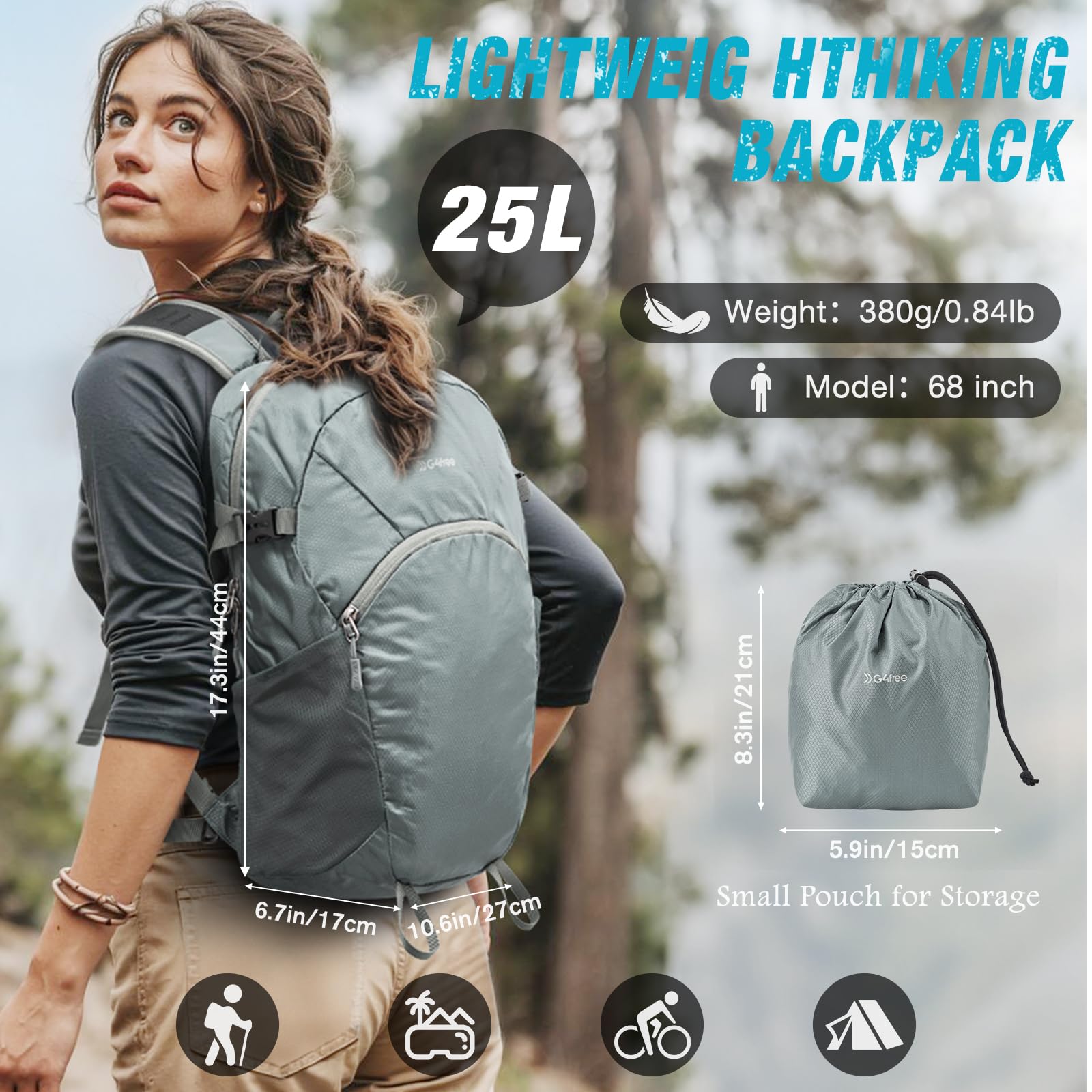 G4Free - G4Free 25L Packable Hiking Backpack with Thickened Back Panel -TN25B507A-TN25B507B-TN25B507C