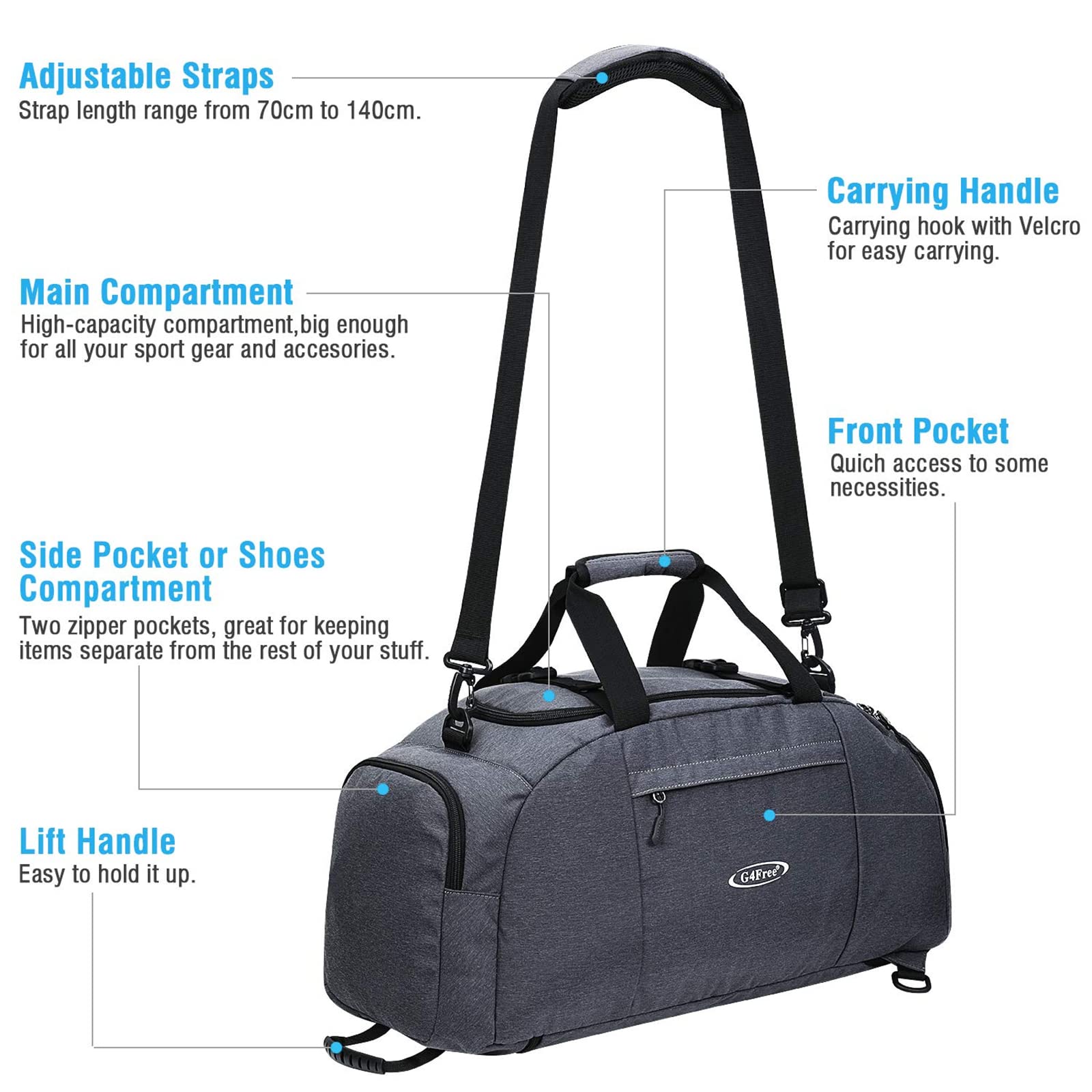 G4Free - G4Free 40L 3-Way Duffle Bag Backpack Gym Bag -D01V084A-D01V084B-D01V084F-D01V084D-D01V084G