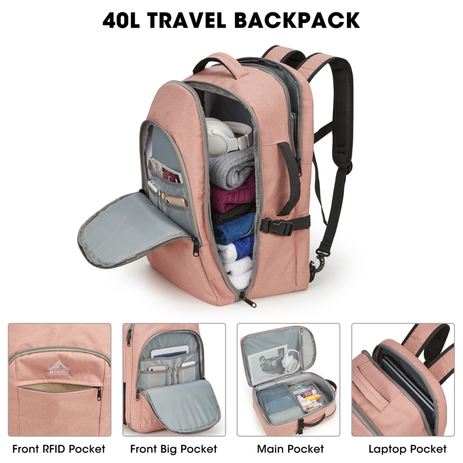 G4Free - G4Free 40l Carry On Waterproof  Travel Backpack For Women Men -TN23B188A