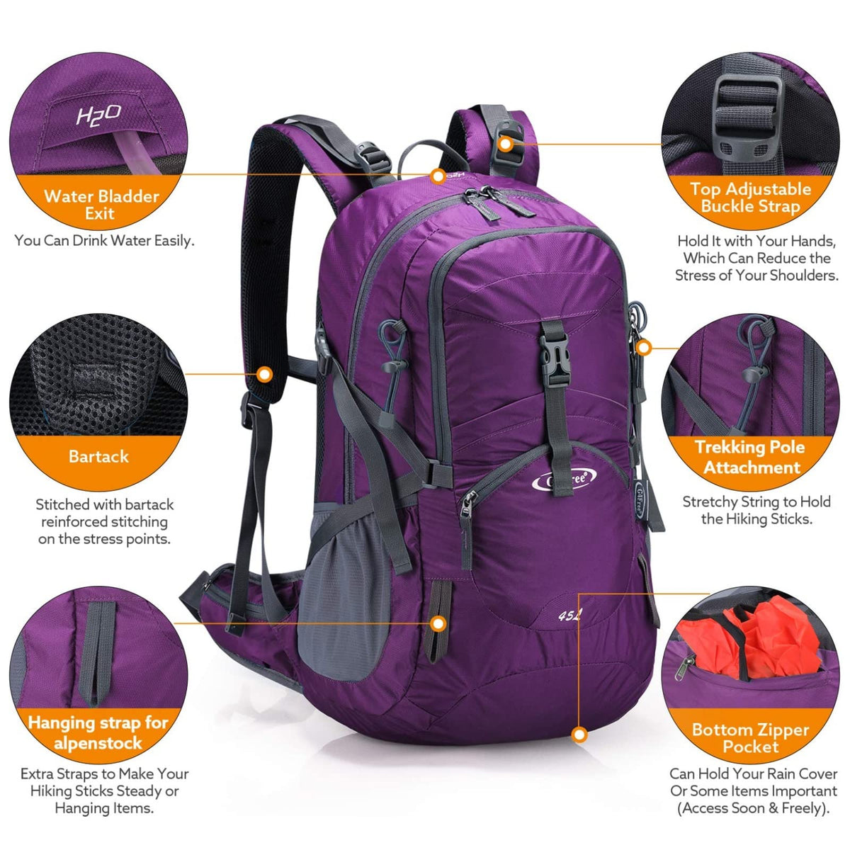 G4Free - G4Free 45L Waterproof Hiking Travel Backpack with Rain Cover -D02V648A-D02V648B-D02V648C-D02V648D