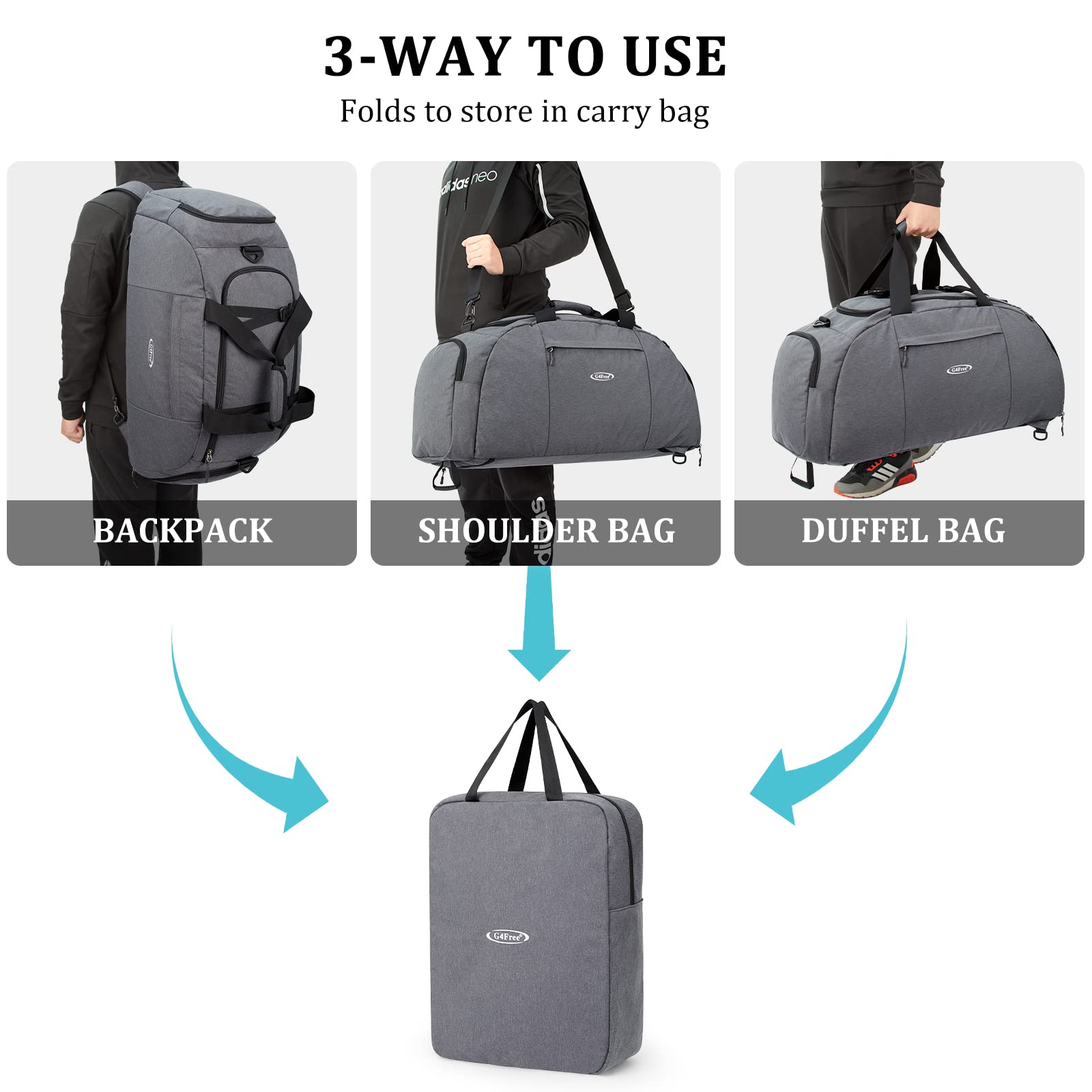 G4Free - G4Free 70L Large 3-Way Duffle Backpack Gym Bag with Shoe Compartment -TN22B134C-TN22B134B-TN22B134A