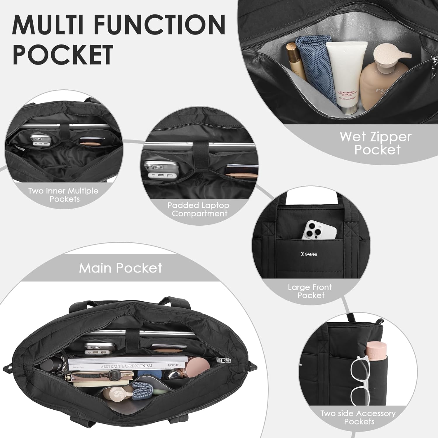 G4Free - G4Free Puffer  Tote Bag with Zipper Compartments, Expandable Handbag -TN25B522B-TN25B522C-TN25B522A