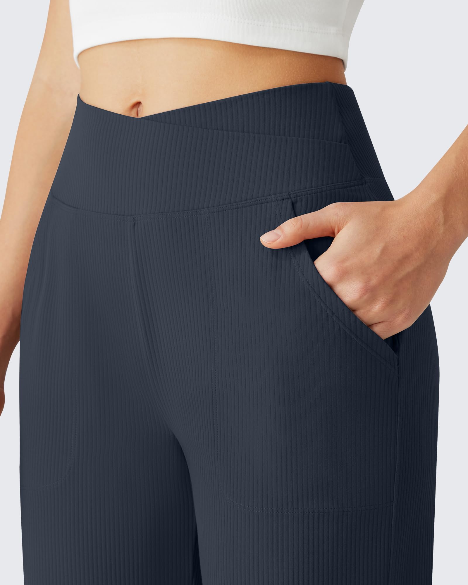 G4Free - G4Free Ribbed 29" Inseam V Waistband Ankle Pants with Pockets -GF26J780A001A-S-GF26J780A001B-M-GF26J780A001C-L-GF26J780A001D-XL-GF26J780A001E-XXL