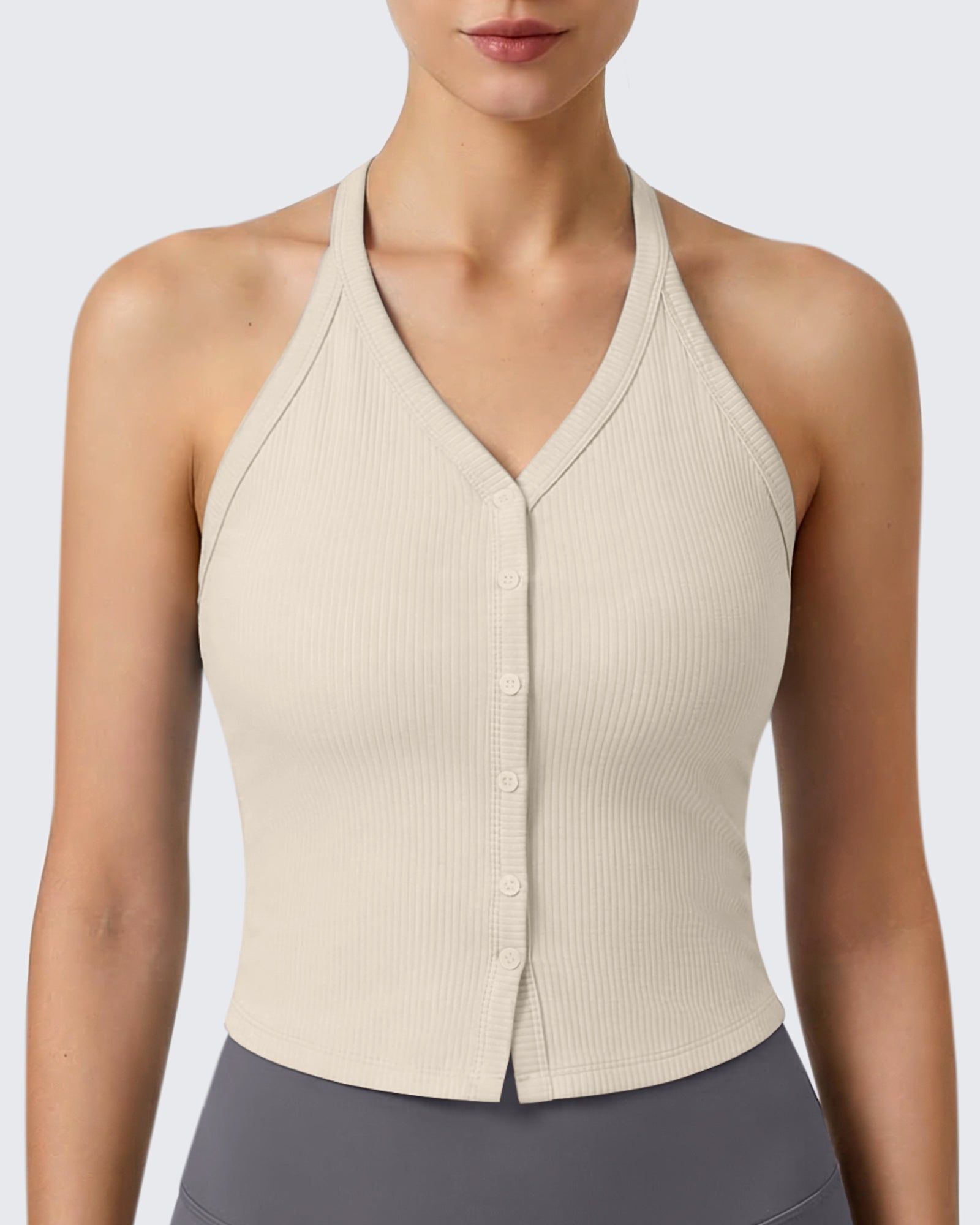 G4Free - G4Free Ribbed Backless Halter Crop Cami -GF26L983A001F-XS