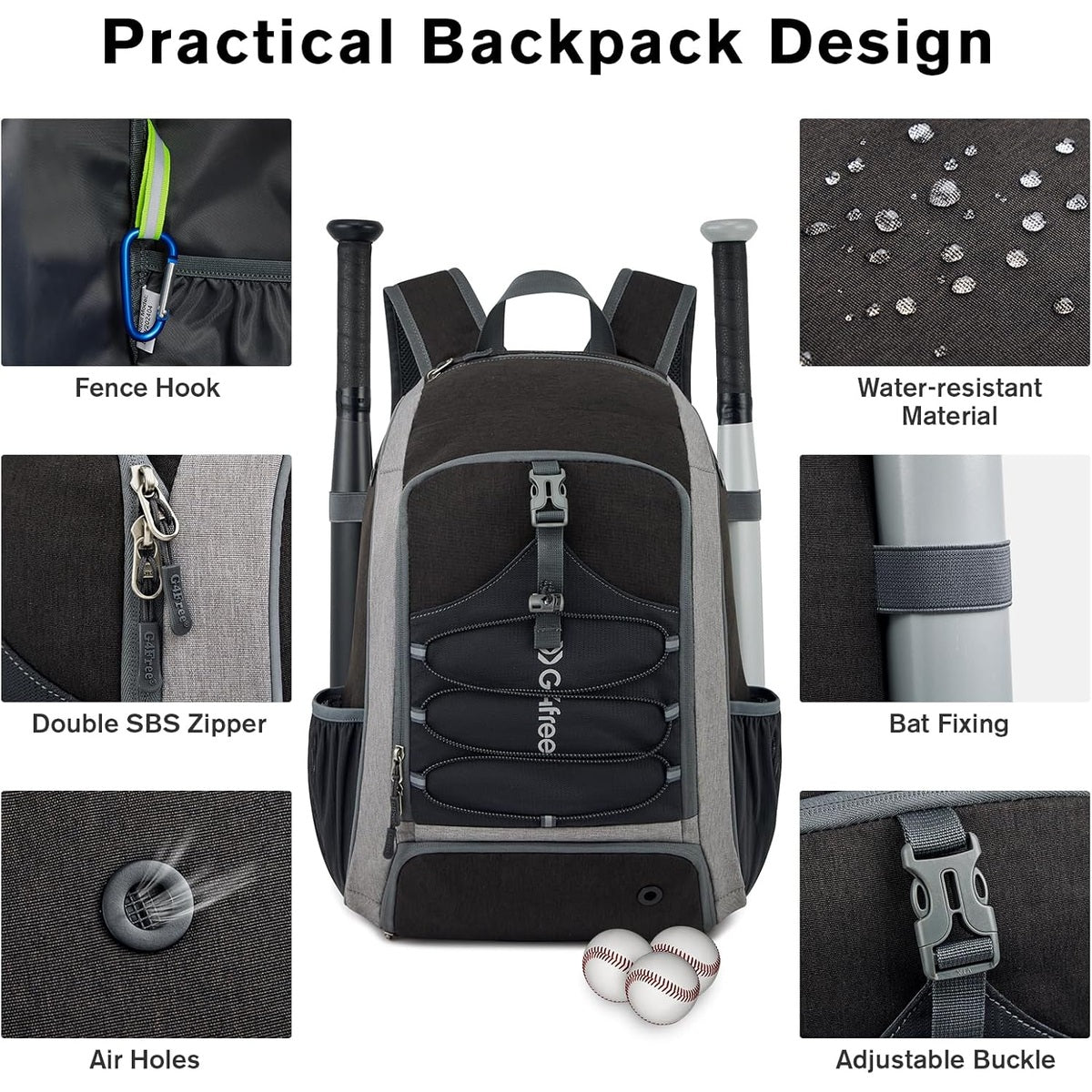G4Free - G4Free Shoe Compartment Baseball Large Bat Backpack with Fence Hook -TN24B366B-TN24B366D-TN24B366A