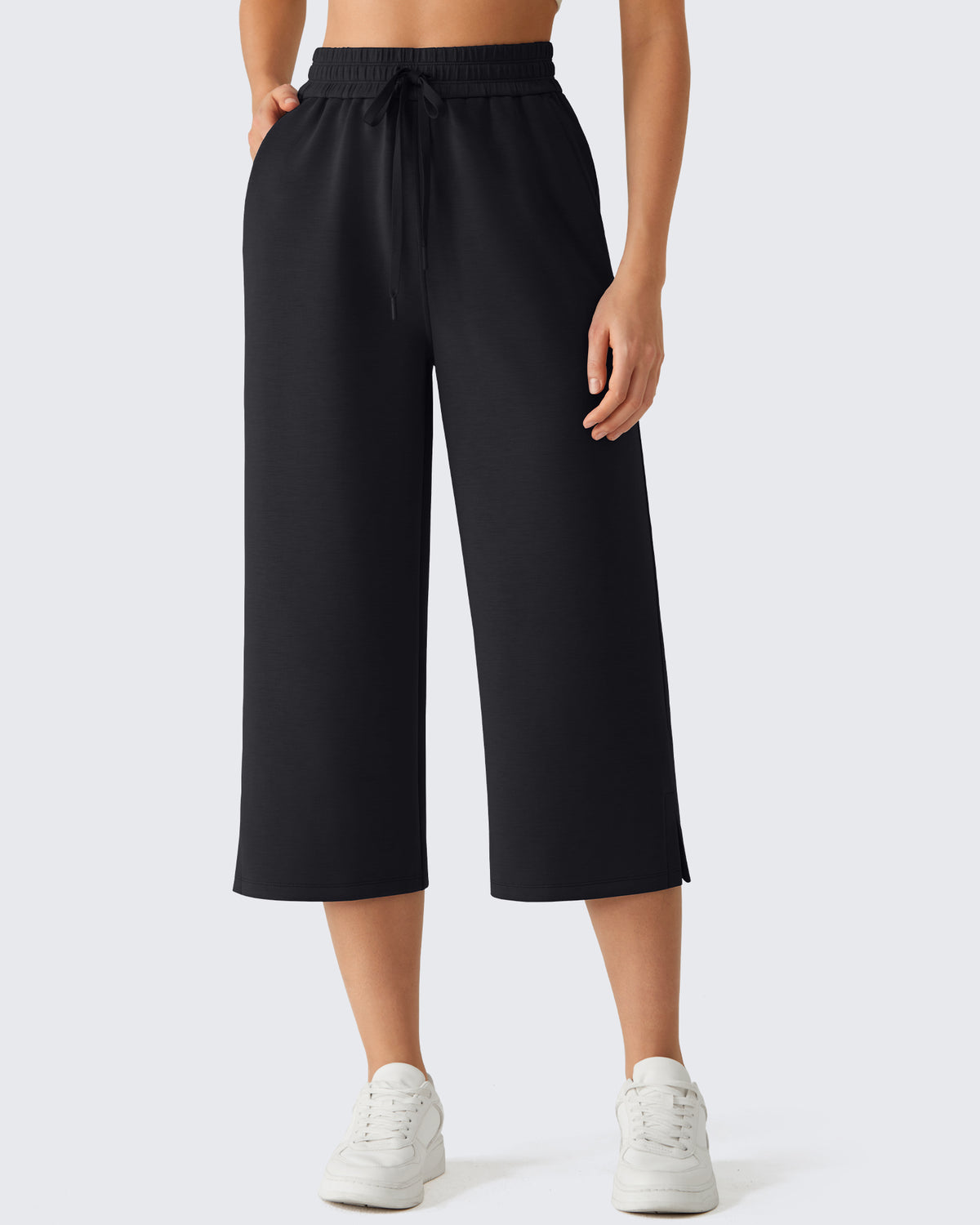 G4Free - G4Free Smoofit Drawstring Wide Leg Capri Pants with Pockets -GF26J907A001A-S-GF26J907A001B-M-GF26J907A001C-L-GF26J907A001D-XL-GF26J907A001E-XXL