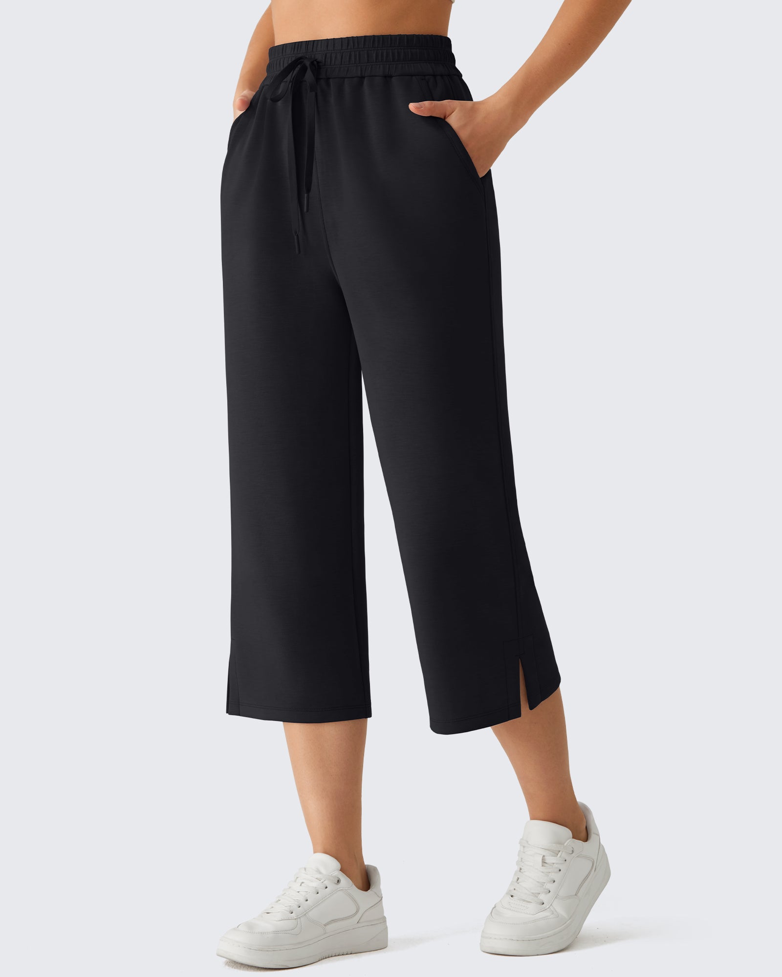 G4Free - G4Free Smoofit Drawstring Wide Leg Capri Pants with Pockets -GF26J907A001A-S-GF26J907A001B-M-GF26J907A001C-L-GF26J907A001D-XL-GF26J907A001E-XXL