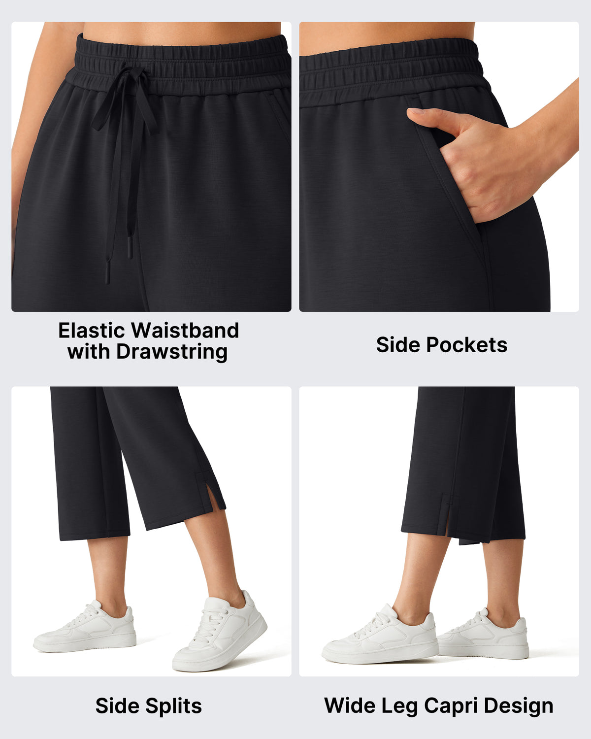 G4Free - G4Free Smoofit Drawstring Wide Leg Capri Pants with Pockets -GF26J907A001A-S-GF26J907A001B-M-GF26J907A001C-L-GF26J907A001D-XL-GF26J907A001E-XXL