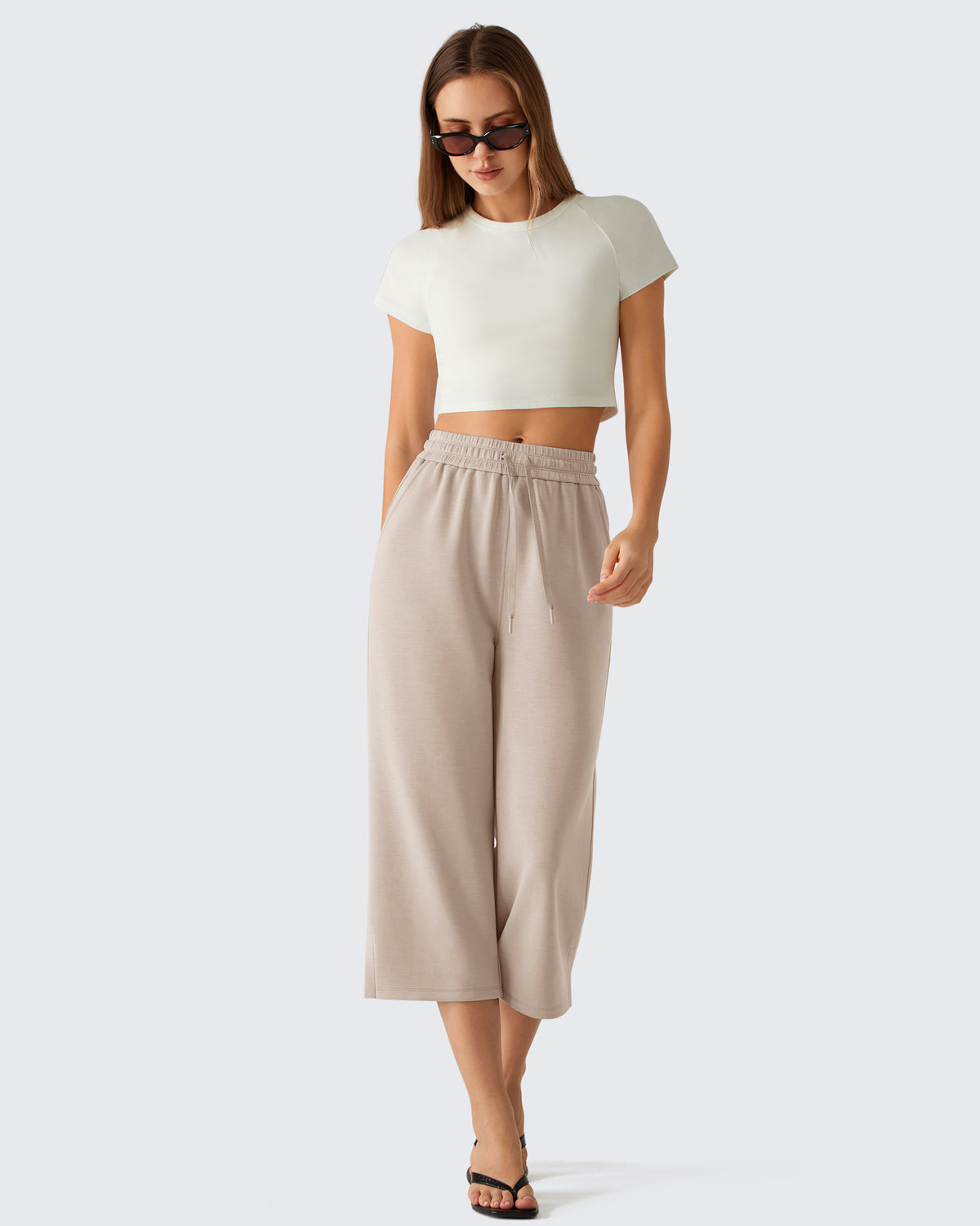 G4Free - G4Free Smoofit Drawstring Wide Leg Capri Pants with Pockets -GF26J907A001A-S-GF26J907A001B-M-GF26J907A001C-L-GF26J907A001D-XL-GF26J907A001E-XXL