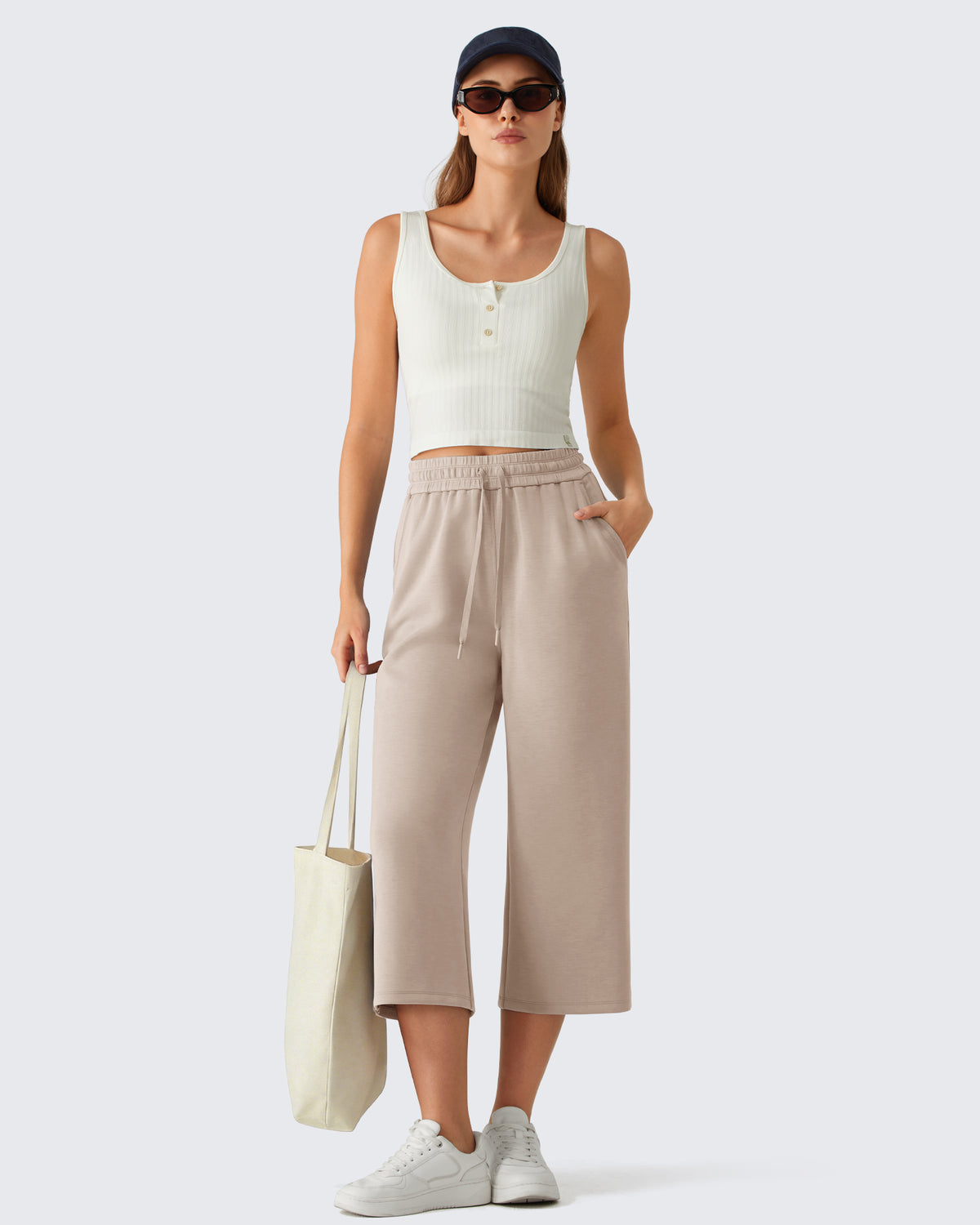 G4Free - G4Free Smoofit Drawstring Wide Leg Capri Pants with Pockets -GF26J907A001A-S-GF26J907A001B-M-GF26J907A001C-L-GF26J907A001D-XL-GF26J907A001E-XXL