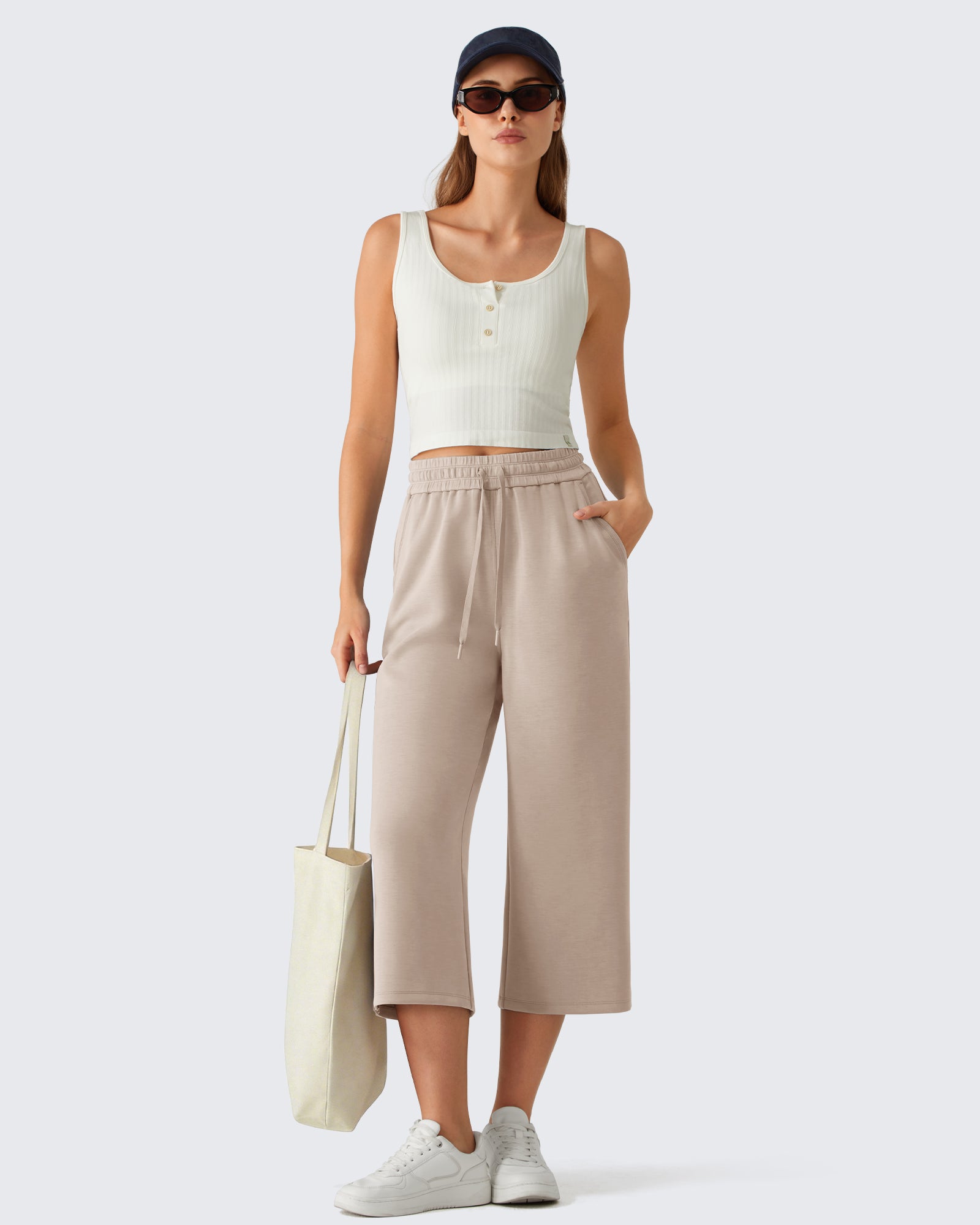 G4Free - G4Free Smoofit Drawstring Wide Leg Capri Pants with Pockets -GF26J907A001A-S-GF26J907A001B-M-GF26J907A001C-L-GF26J907A001D-XL-GF26J907A001E-XXL