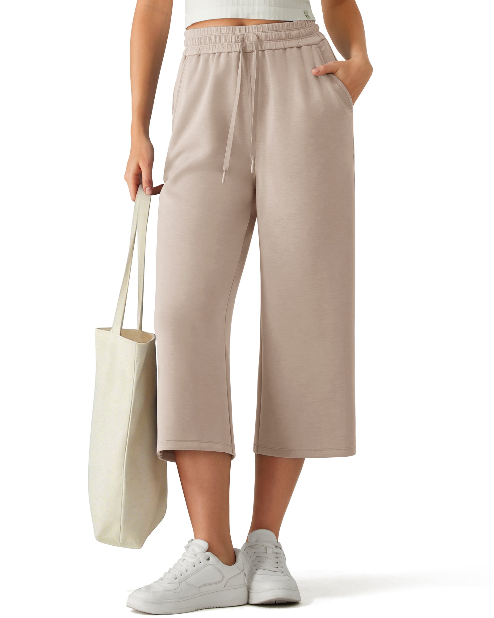 G4Free - G4Free Smoofit Drawstring Wide Leg Capri Pants with Pockets -GF26J907A001A-S-GF26J907A001B-M-GF26J907A001C-L-GF26J907A001D-XL-GF26J907A001E-XXL
