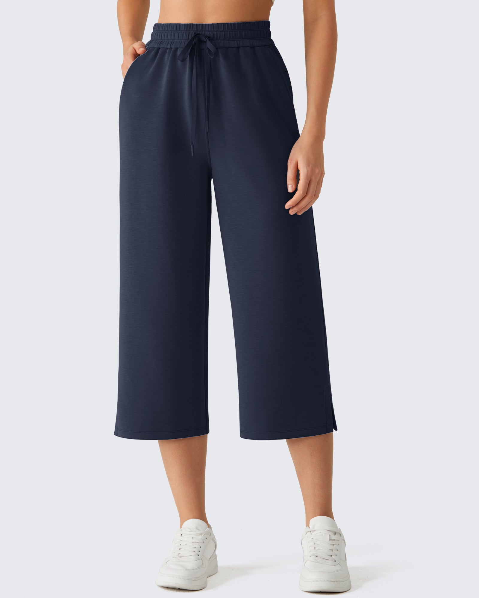 G4Free - G4Free Smoofit Drawstring Wide Leg Capri Pants with Pockets -GF26J907A001A-S-GF26J907A001B-M-GF26J907A001C-L-GF26J907A001D-XL-GF26J907A001E-XXL