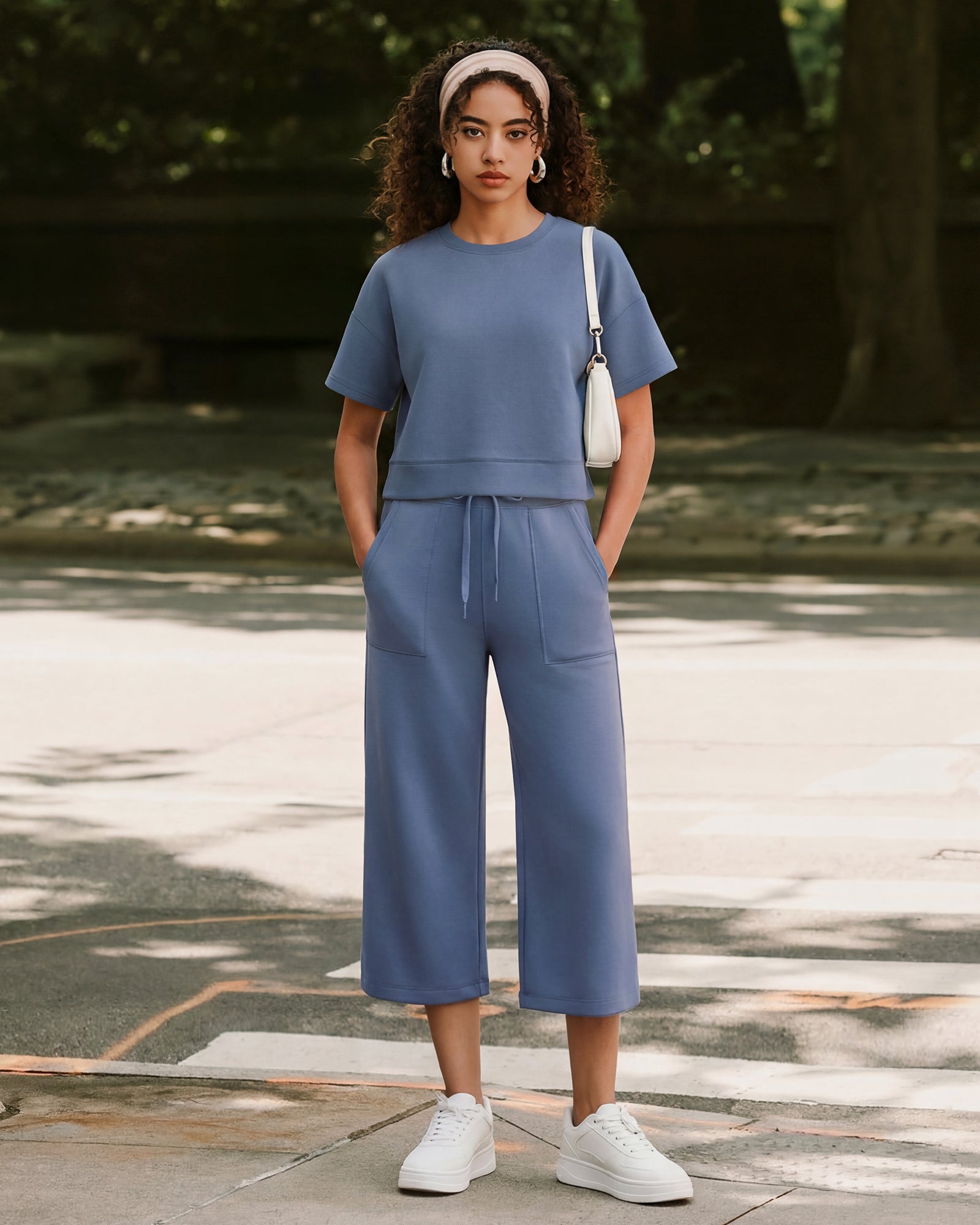 G4Free - G4Free Smoofit High Waisted Drawstring Wide Leg Capris with Pockets -GF26J982A001A-S-GF26J982A001B-M-GF26J982A001C-L-GF26J982A001D-XL-GF26J982A001E-XXL