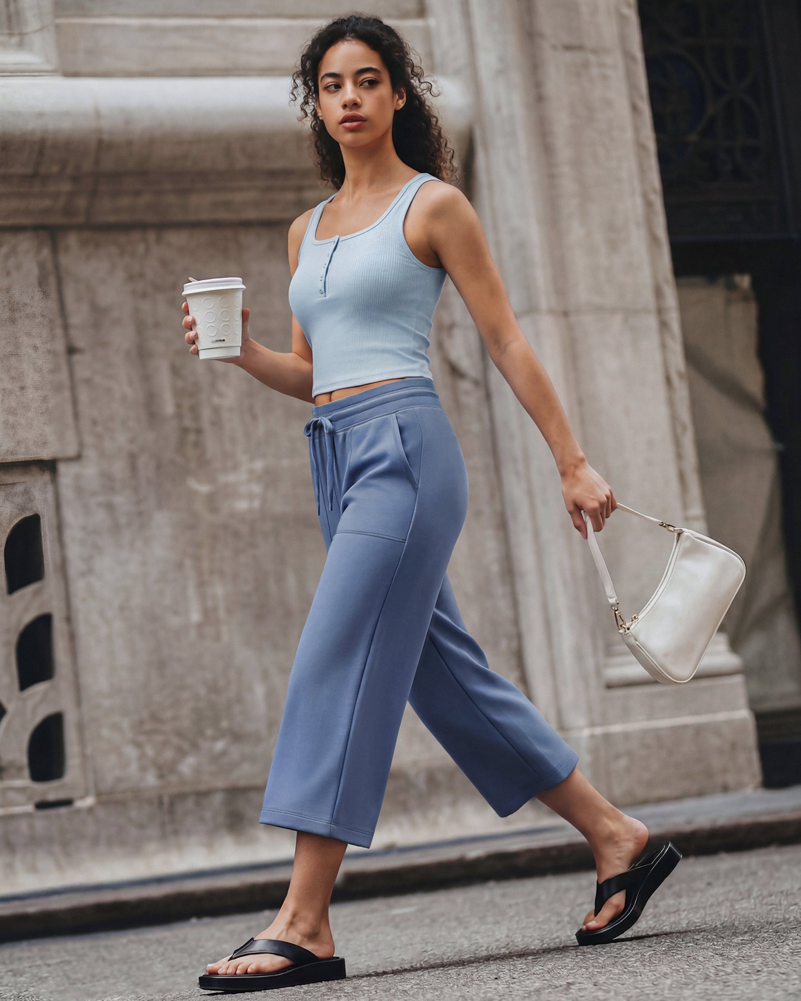 G4Free - G4Free Smoofit High Waisted Drawstring Wide Leg Capris with Pockets -GF26J982A001A-S-GF26J982A001B-M-GF26J982A001C-L-GF26J982A001D-XL-GF26J982A001E-XXL