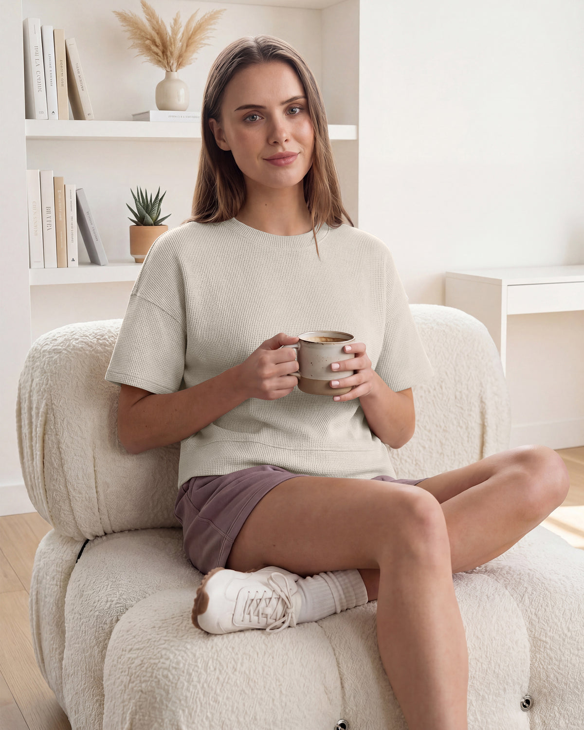 G4Free - G4Free Soft Waffle Knit Crewneck Tee Breathable Loose Fit -GF26K1003A001A-S-GF26K1003A001B-M-GF26K1003A001C-L-GF26K1003A001D-XL-GF26K1003A001E-XXL