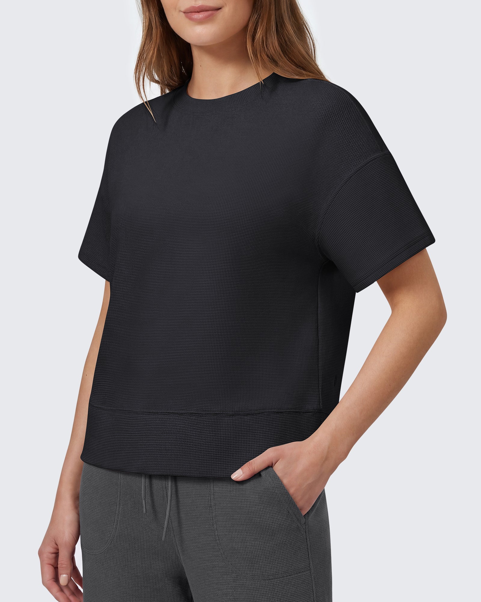 G4Free - G4Free Soft Waffle Knit Crewneck Tee Breathable Loose Fit -GF26K1003A001A-S-GF26K1003A001B-M-GF26K1003A001C-L-GF26K1003A001D-XL-GF26K1003A001E-XXL