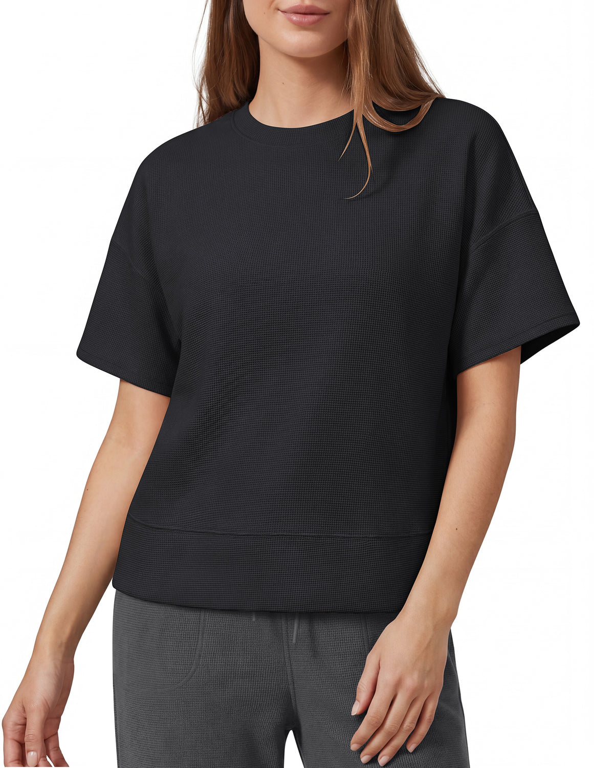 G4Free - G4Free Soft Waffle Knit Crewneck Tee Breathable Loose Fit -GF26K1003A001A-S-GF26K1003A001B-M-GF26K1003A001C-L-GF26K1003A001D-XL-GF26K1003A001E-XXL