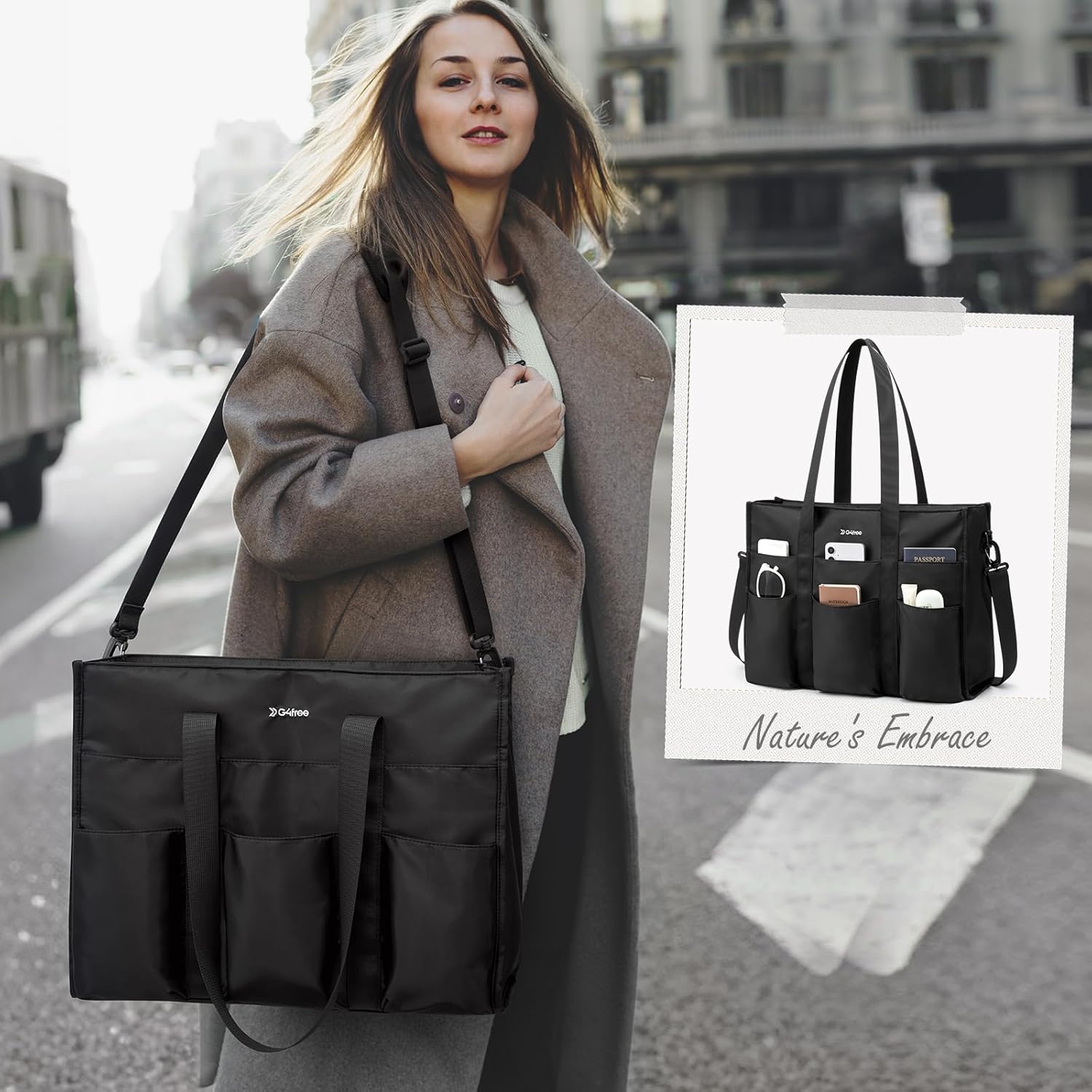 G4Free - G4Free Tote Bag, Multi-Compartment Large Capacity with Zipper Top Handle -TN24B476B-TN24B476A-TN24B476C