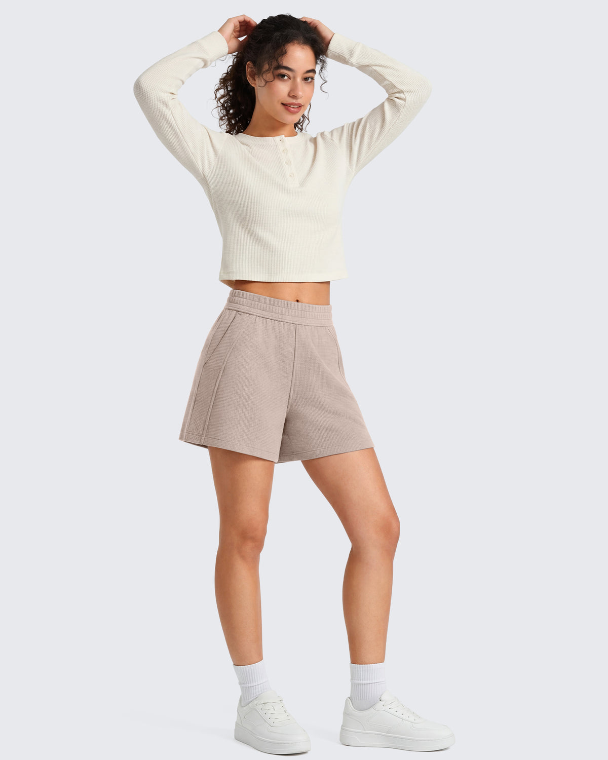 G4Free - G4Free Waffle Knit 4'' High Waisted Shorts with Pockets -GF26E958A001A-S-GF26E958A001B-M-GF26E958A001C-L-GF26E958A001D-XL-GF26E958A001E-XXL