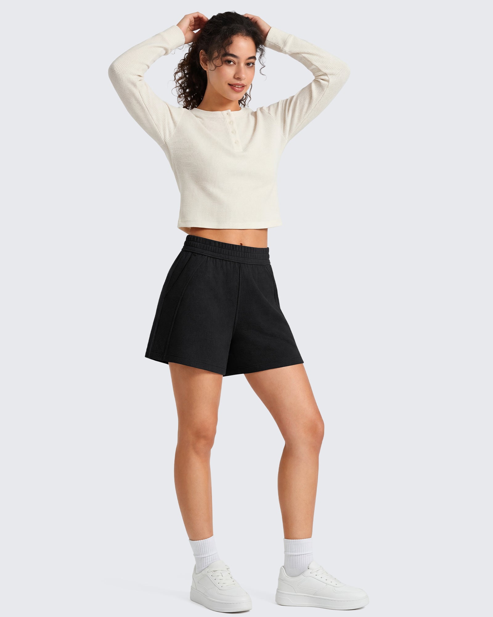 G4Free - G4Free Waffle Knit 4'' High Waisted Shorts with Pockets -GF26E958A001A-S-GF26E958A001B-M-GF26E958A001C-L-GF26E958A001D-XL-GF26E958A001E-XXL