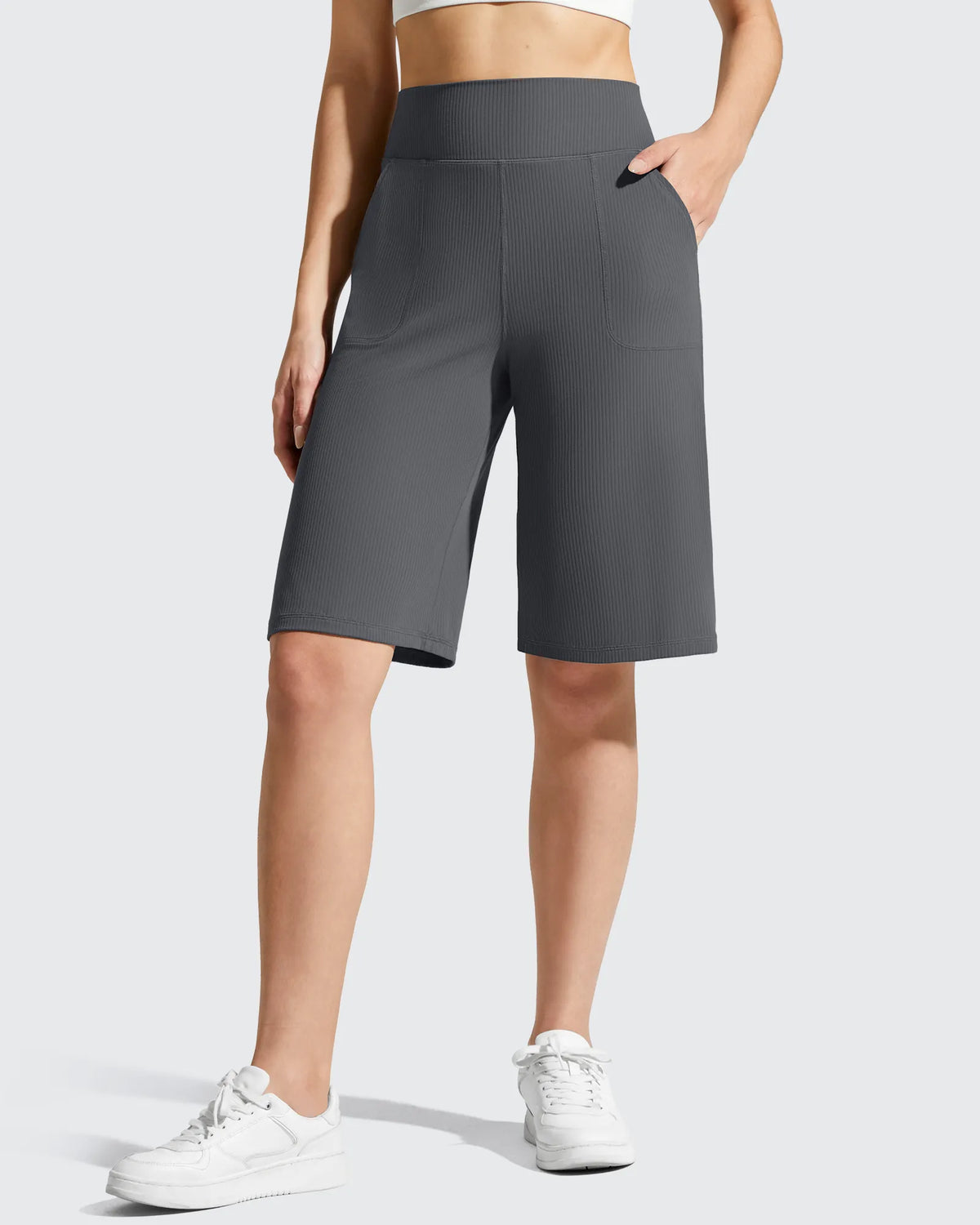 G4Free - Ribbed Bermuda High-Waist Knee Length Shorts 11'' -GF26E763A001F-XS