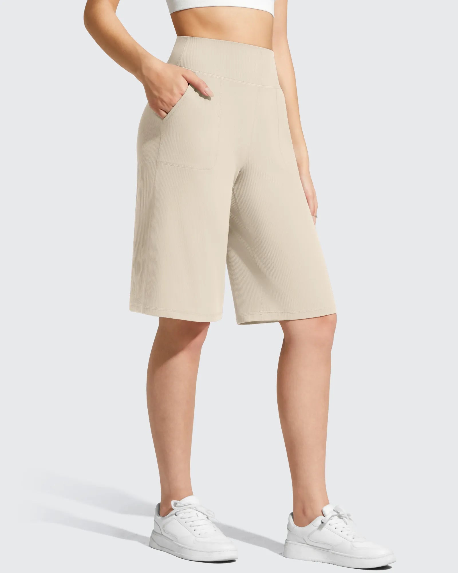 G4Free - Ribbed Bermuda High-Waist Knee Length Shorts 11'' -GF26E763A001F-XS-GF26E763A001A-S-GF26E763A001B-M-GF26E763A001C-L-GF26E763A001D-XL