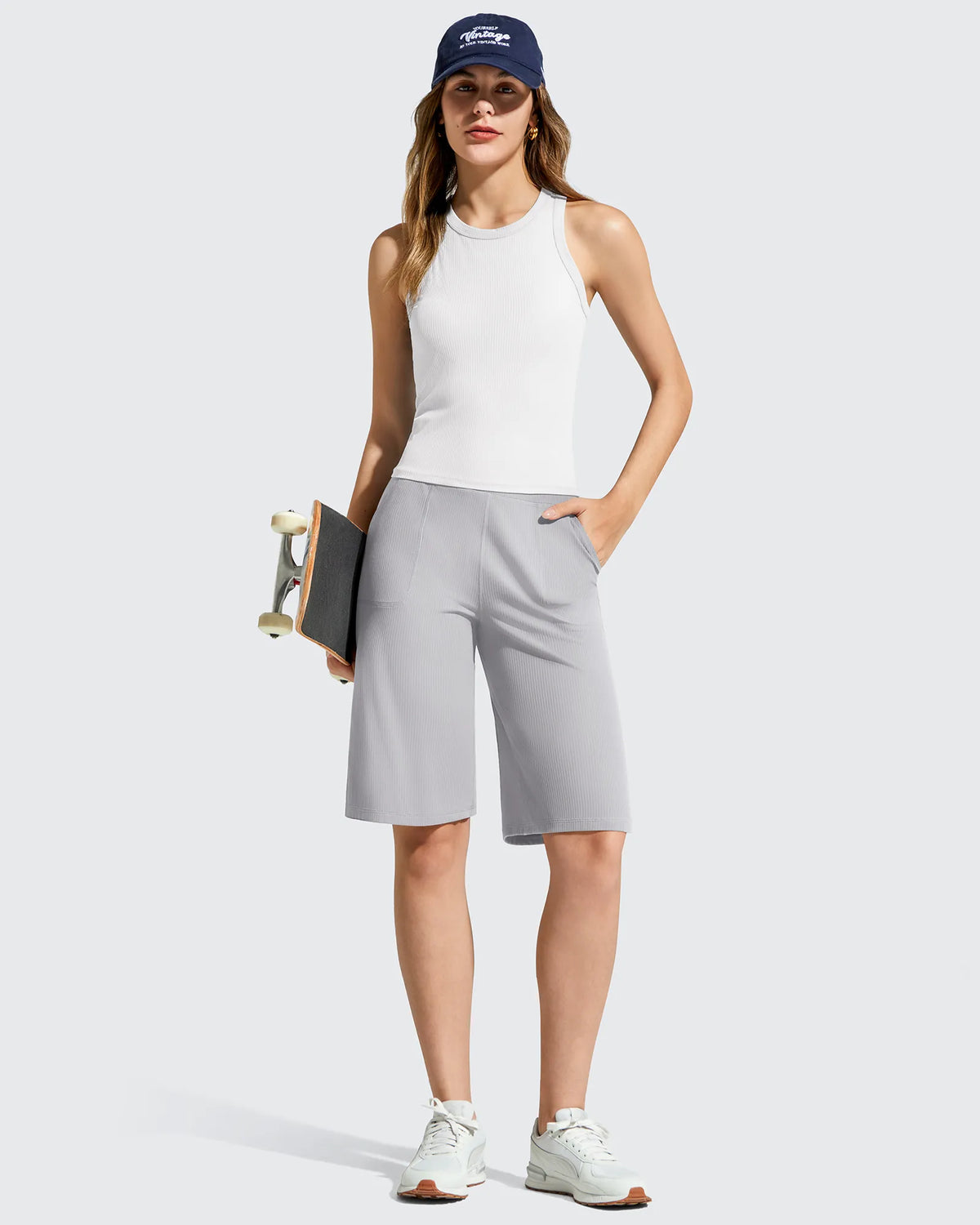 G4Free - Ribbed Bermuda High-Waist Knee Length Shorts 11'' -GF26E763A001F-XS-GF26E763A001A-S-GF26E763A001B-M-GF26E763A001C-L-GF26E763A001D-XL