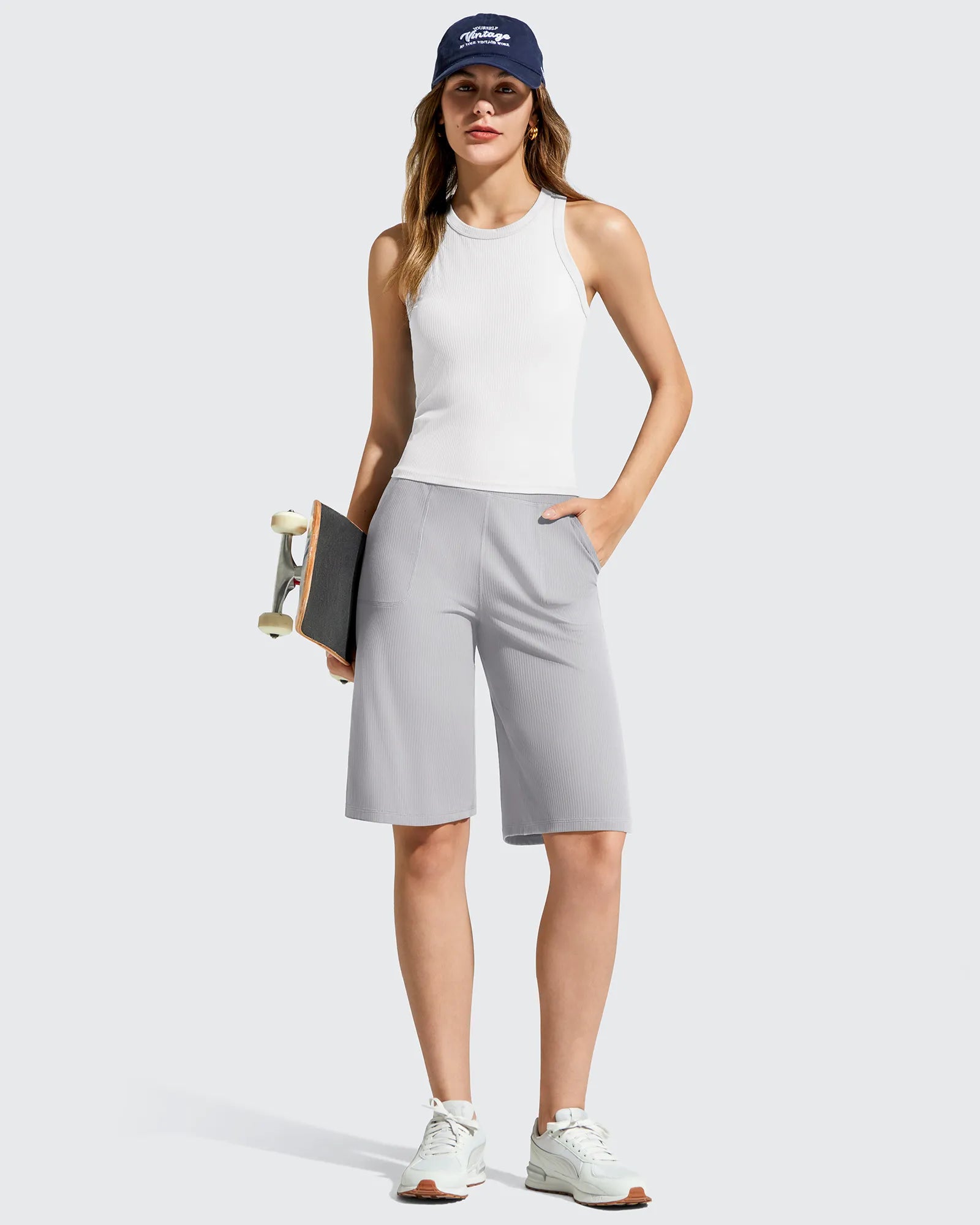 G4Free - Ribbed Bermuda High-Waist Knee Length Shorts 11'' -GF26E763A001F-XS-GF26E763A001A-S-GF26E763A001B-M-GF26E763A001C-L-GF26E763A001D-XL