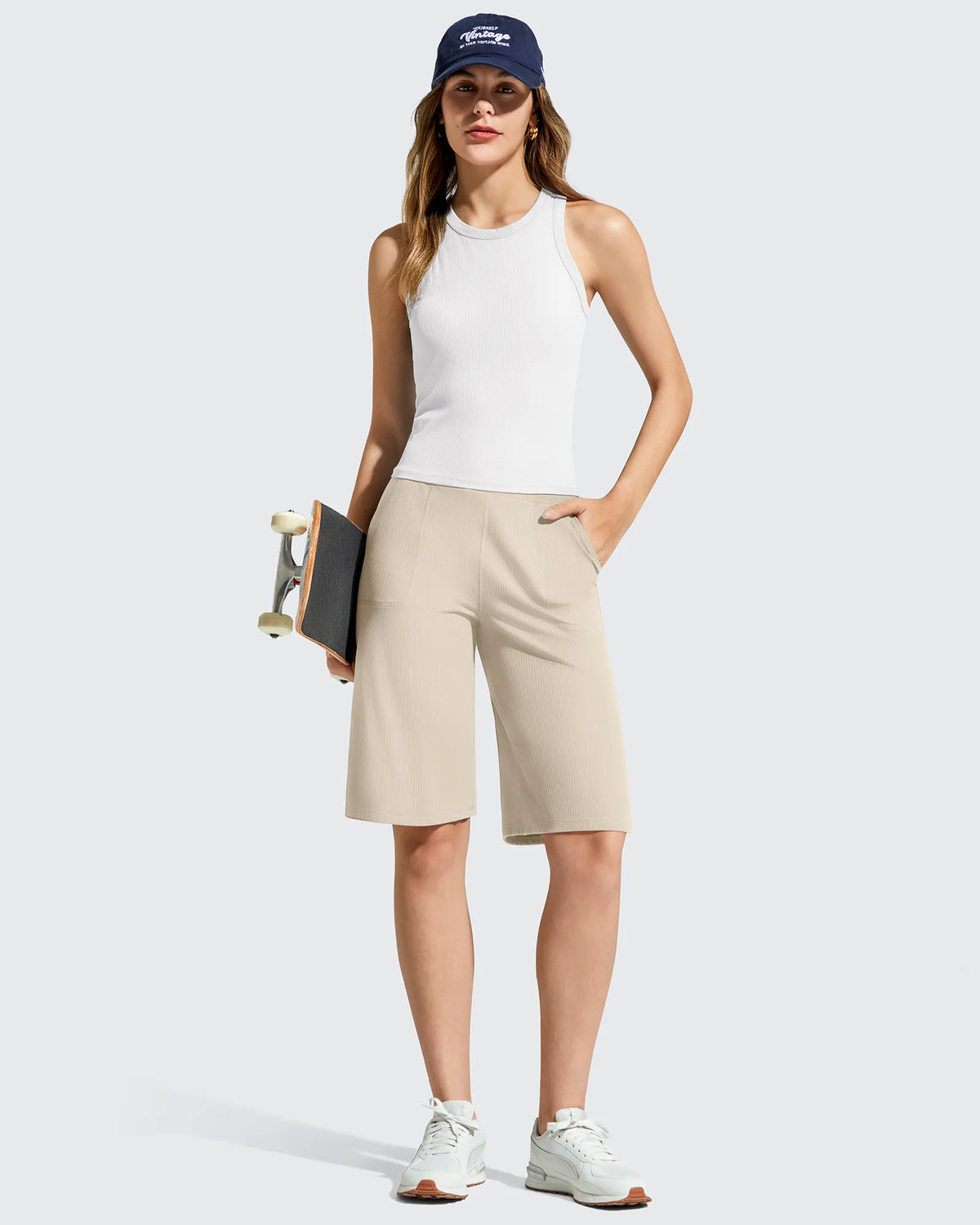 G4Free - Ribbed Bermuda High-Waist Knee Length Shorts 11'' -GF26E763A001F-XS-GF26E763A001A-S-GF26E763A001B-M-GF26E763A001C-L-GF26E763A001D-XL