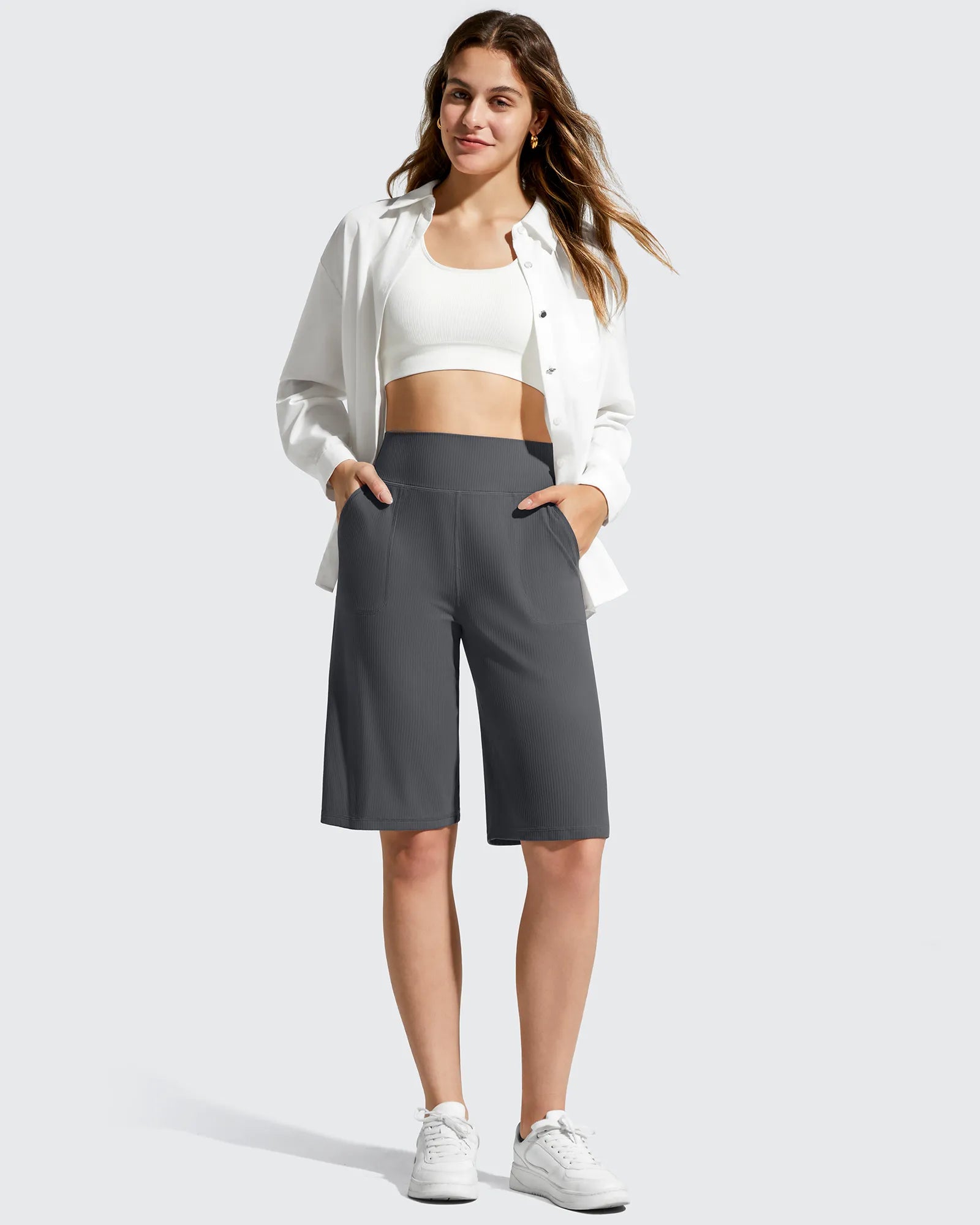 G4Free - Ribbed Bermuda High-Waist Knee Length Shorts 11'' -GF26E763A001F-XS-GF26E763A001A-S-GF26E763A001B-M-GF26E763A001C-L-GF26E763A001D-XL