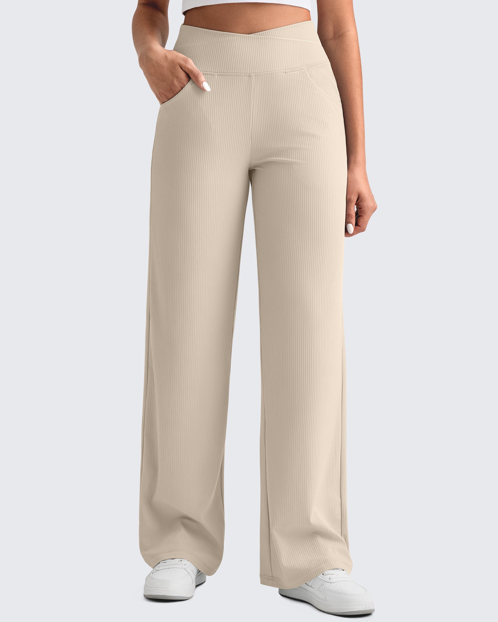 G4Free - Ribbed Cross High-Waist Wide Leg Pants -GF25J505AF-XS