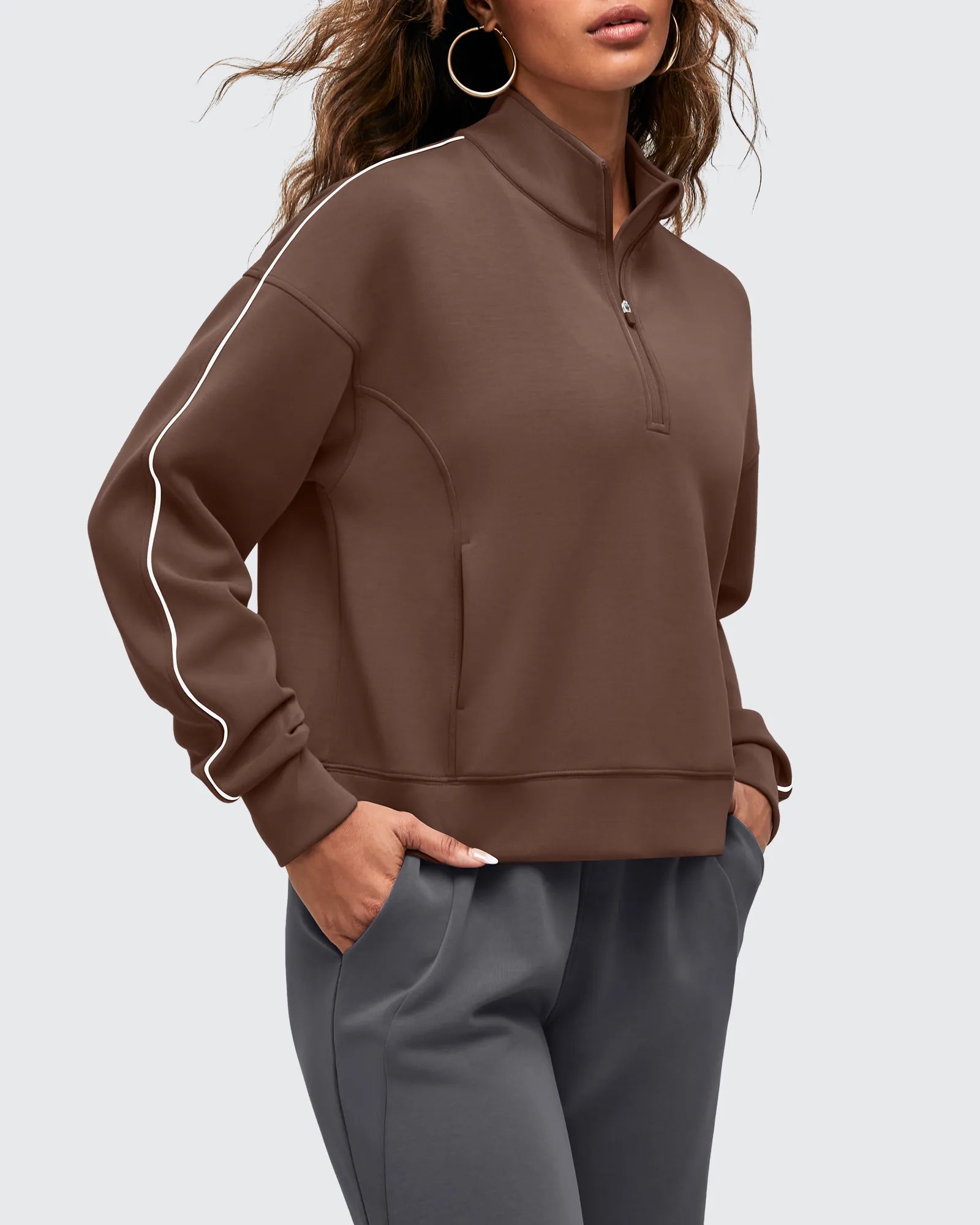 G4Free - Smoofit Half-Zip White Piping Mock Neck Pullover Sweatshirts -GF25F557AF-XS-GF25F557AA-S-GF25F557AB-M-GF25F557AC-L-GF25F557AD-XL