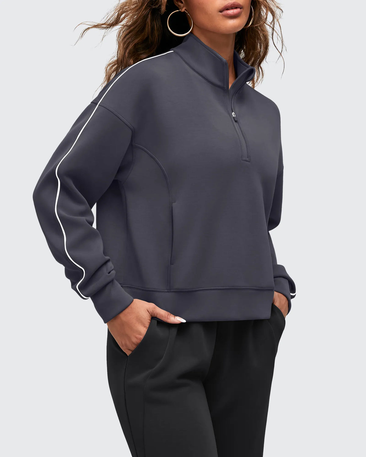 G4Free - Smoofit Half-Zip White Piping Mock Neck Pullover Sweatshirts -GF25F557AF-XS-GF25F557AA-S-GF25F557AB-M-GF25F557AC-L-GF25F557AD-XL