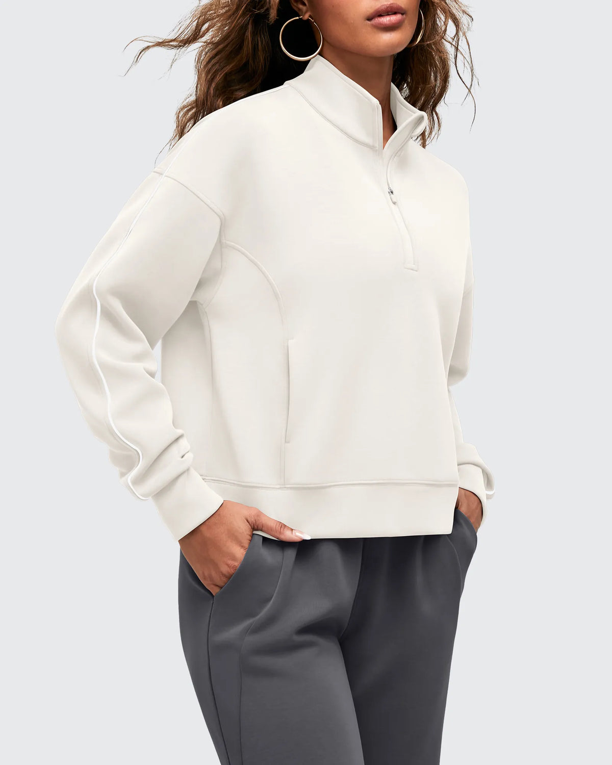 G4Free - Smoofit Half-Zip White Piping Mock Neck Pullover Sweatshirts -GF25F557AF-XS-GF25F557AA-S-GF25F557AB-M-GF25F557AC-L-GF25F557AD-XL