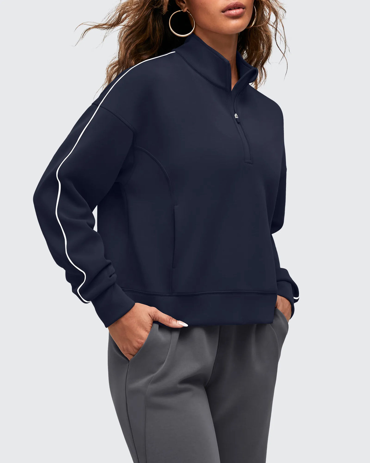 G4Free - Smoofit Half-Zip White Piping Mock Neck Pullover Sweatshirts -GF25F557AF-XS-GF25F557AA-S-GF25F557AB-M-GF25F557AC-L-GF25F557AD-XL
