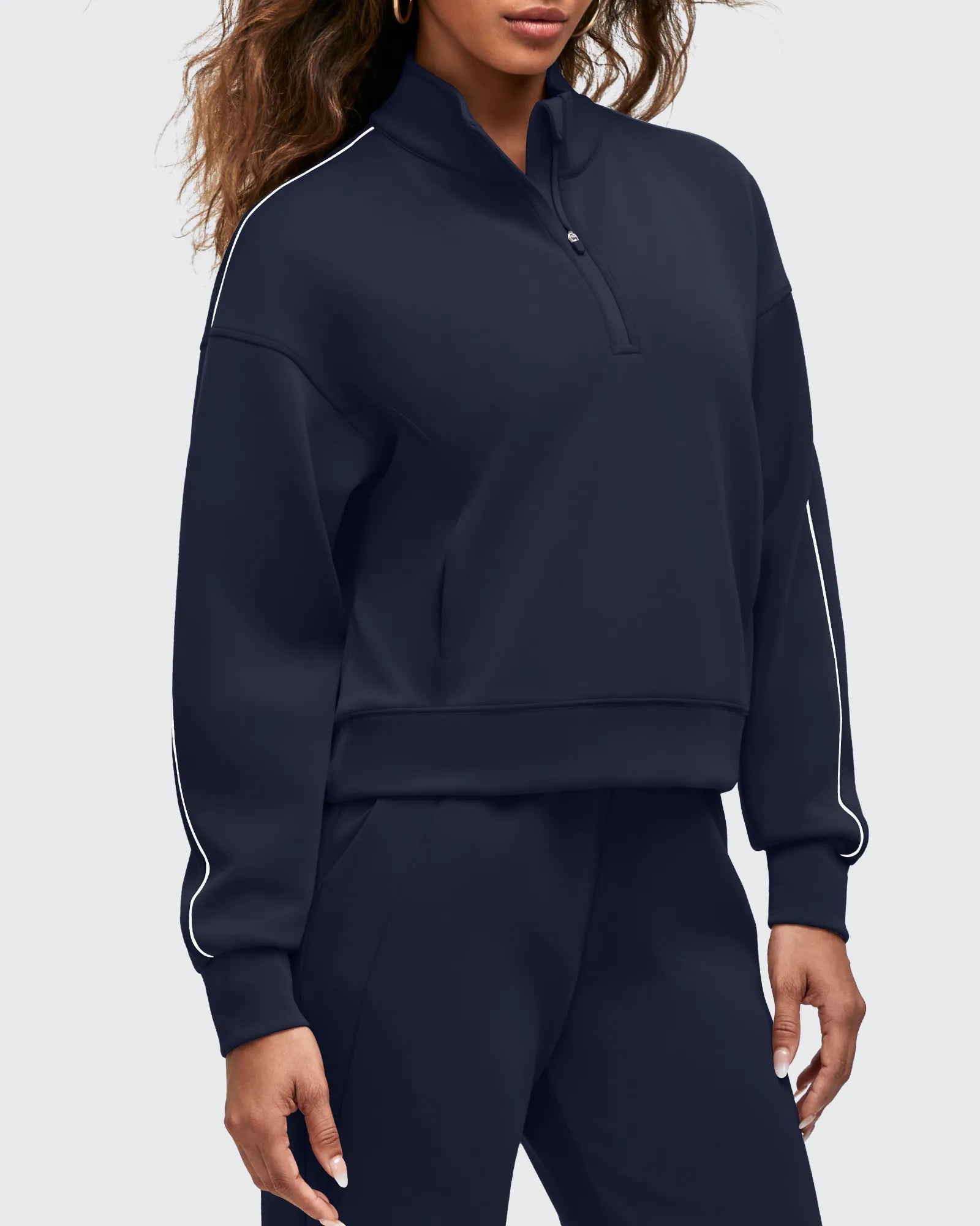 G4Free - Smoofit Half-Zip White Piping Mock Neck Pullover Sweatshirts -GF25F557AF-XS-GF25F557AA-S-GF25F557AB-M-GF25F557AC-L-GF25F557AD-XL