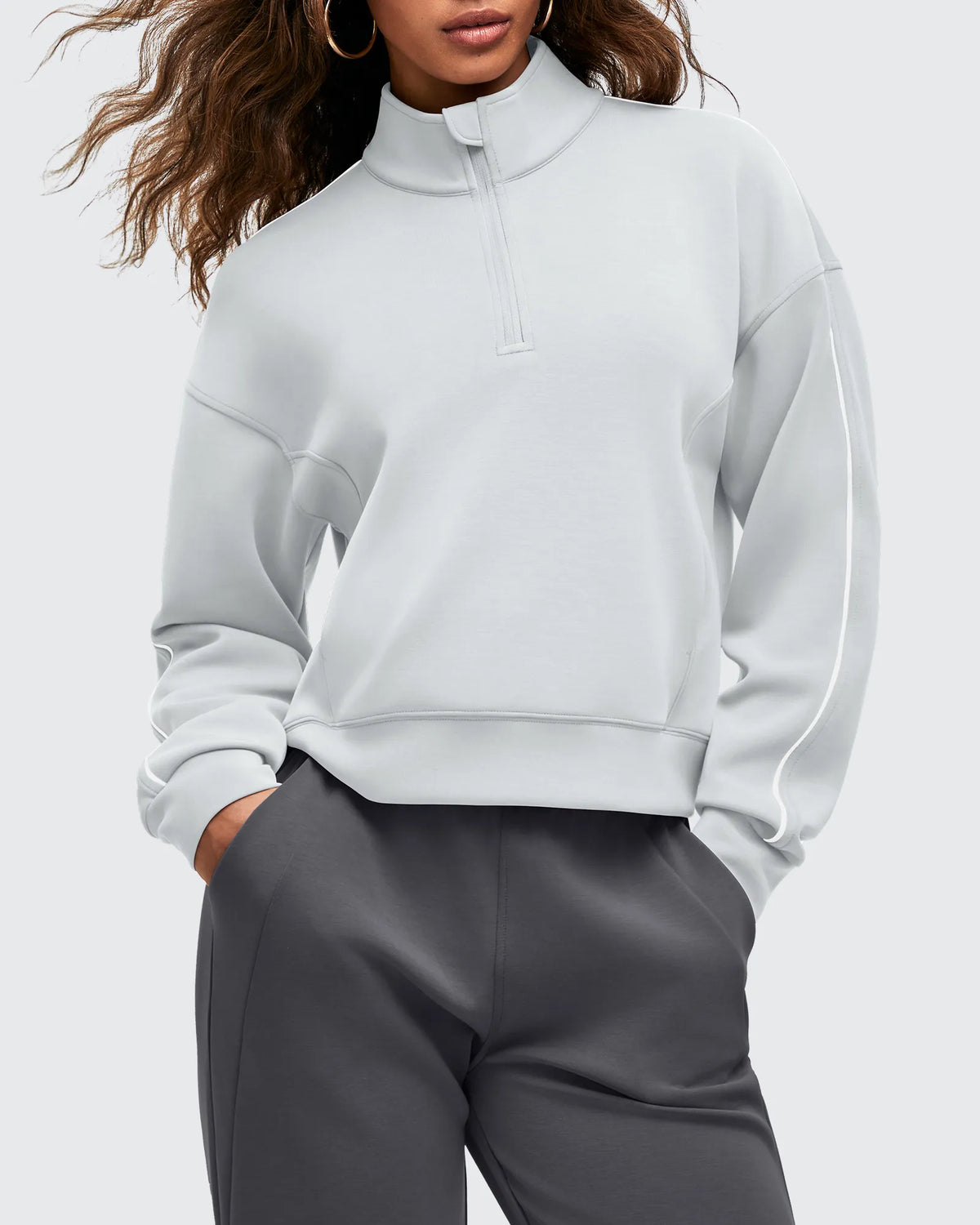 G4Free - Smoofit Half-Zip White Piping Mock Neck Pullover Sweatshirts -GF25F557AF-XS-GF25F557AA-S-GF25F557AB-M-GF25F557AC-L-GF25F557AD-XL
