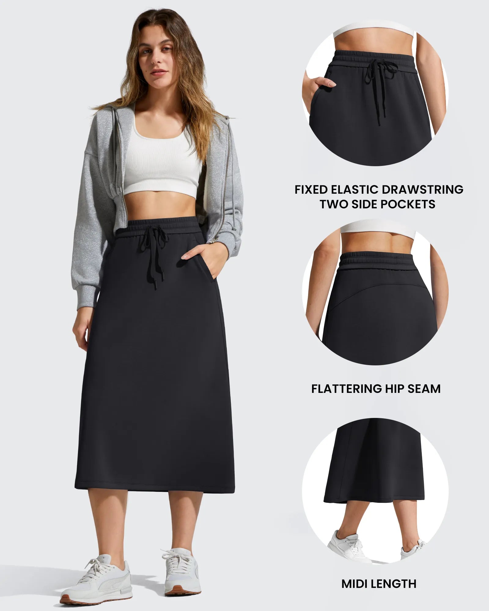 G4Free - Smoofit Midi Drawstring A-line Maxi Long Skirt -GF25S706A001A-S-GF25S706A001B-M-GF25S706A001C-L-GF25S706A001D-XL-GF25S706A001F-XS