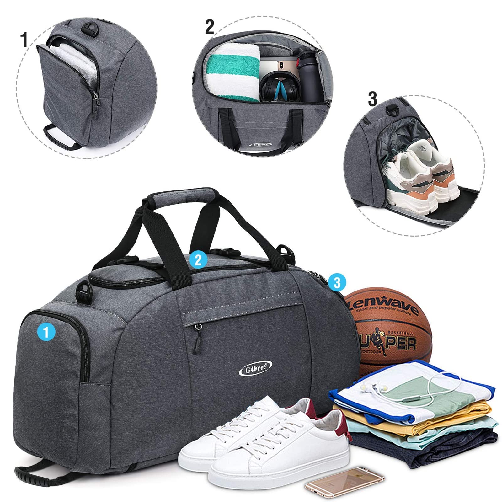 G4Free G4Free 40L 3-Way Duffle Bag Backpack Gym Bag 