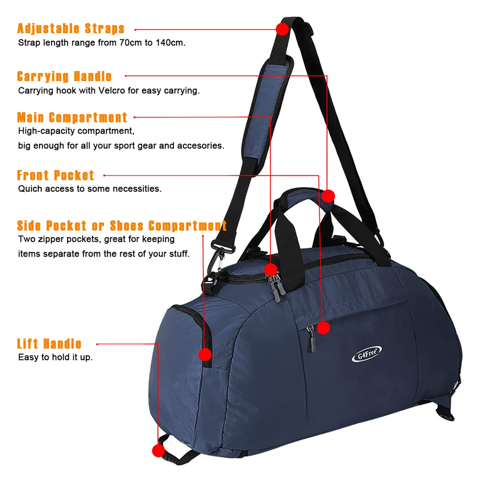 G4Free G4Free 40L 3-Way Duffle Bag Backpack Gym Bag 